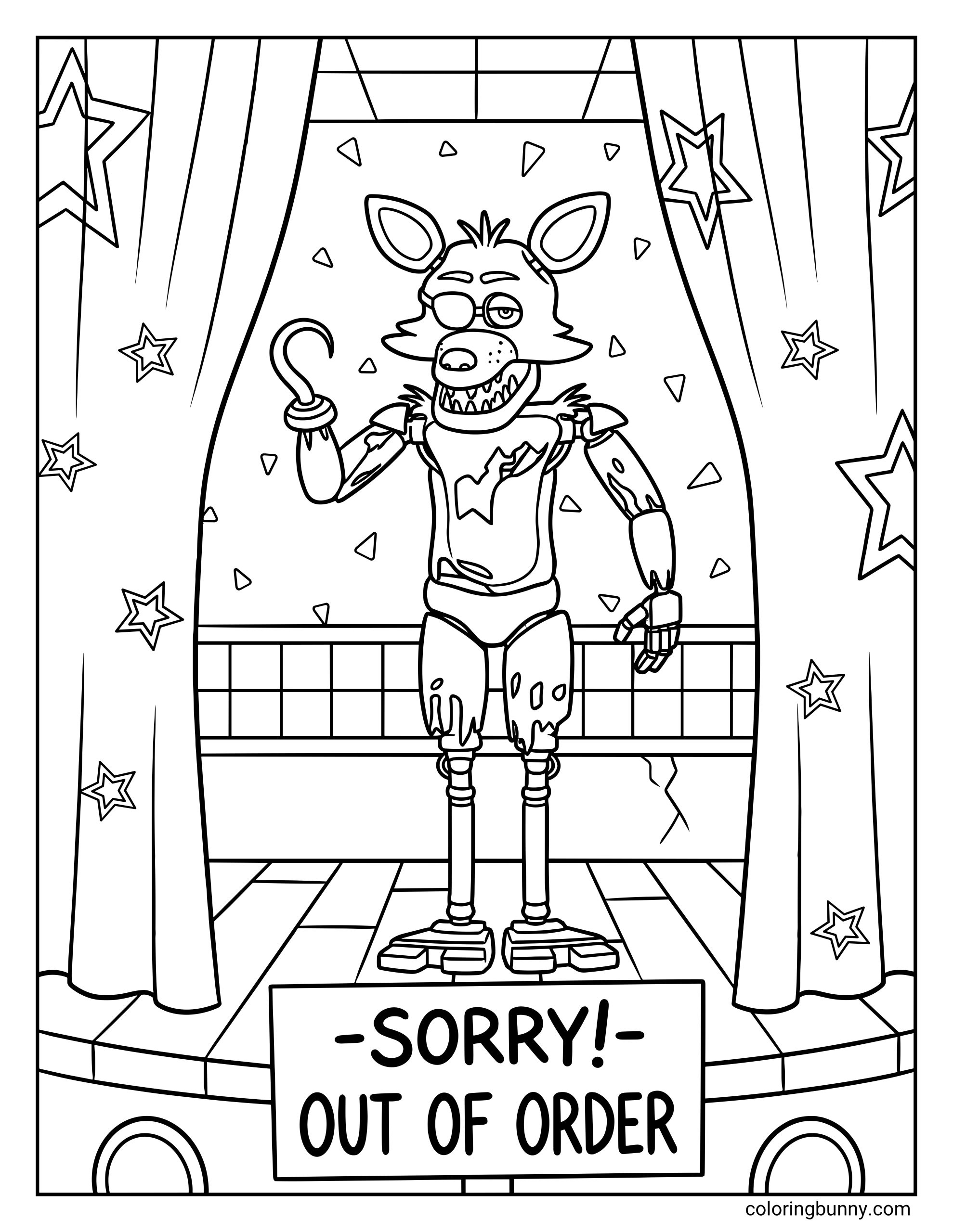 A Five Nights at Freddy's coloring page showing Foxy the Pirate standing on the Pirate Cove stage. Foxy wears an eye patch and a hook on its right hand, with a sharp-toothed grin. The background features star-patterned curtains and confetti on the back wall. In front of the stage sits a sign with the text '-SORRY!- OUT OF ORDER' written on it.
