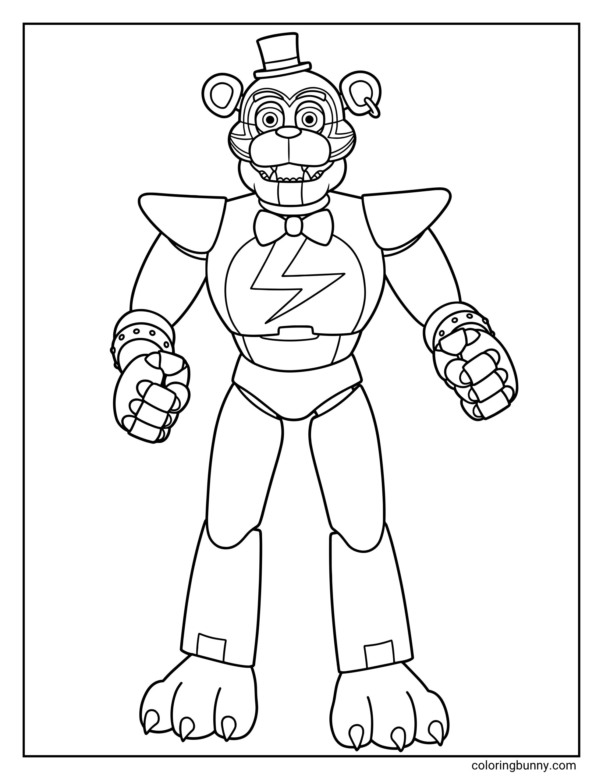 Coloring page of Glamrock Freddy from FNAF Security Breach. The line art features his rockstar design, including the large lightning bolt on his chest, stylized face paint around his eyes, and broad shoulder pads. He wears his signature small top hat, bow tie, and a single hoop earring on his left ear.