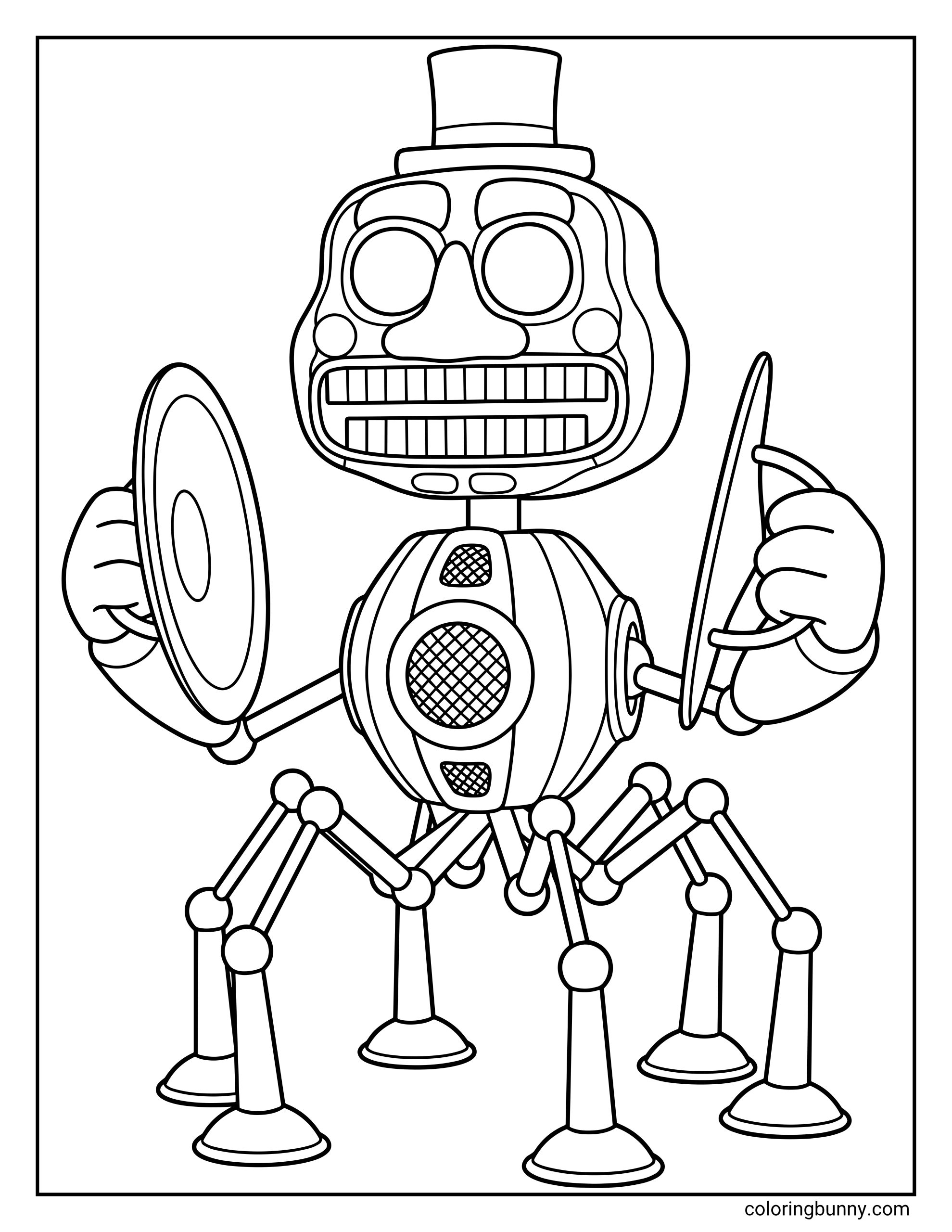 FNAF Music Man coloring page featuring the robotic musician with a top hat holding two cymbals next to his round speaker body and six spider-like legs.
