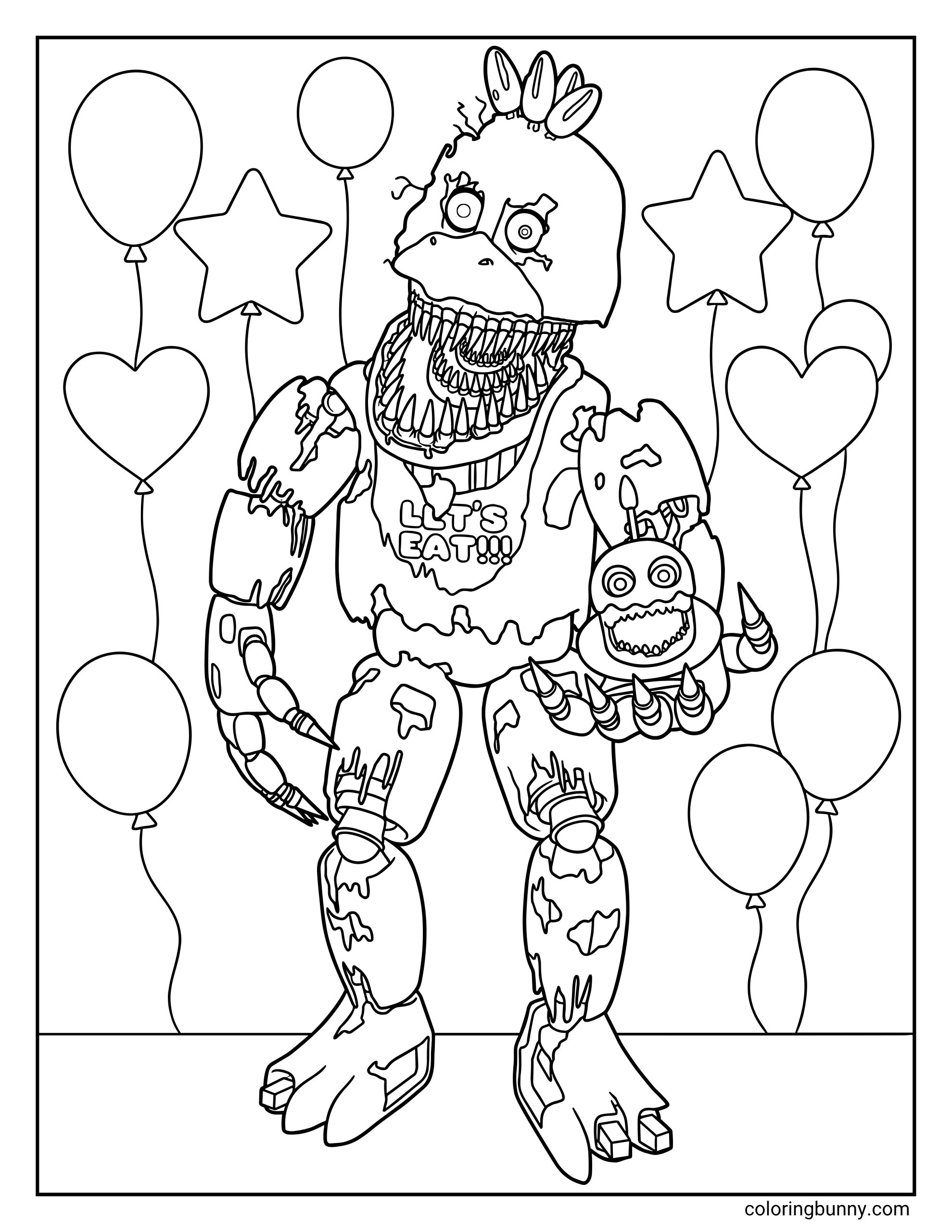 Nightmare Chica FNAF coloring page featuring the damaged chicken holding a sharp-toothed cupcake, surrounded by balloons.