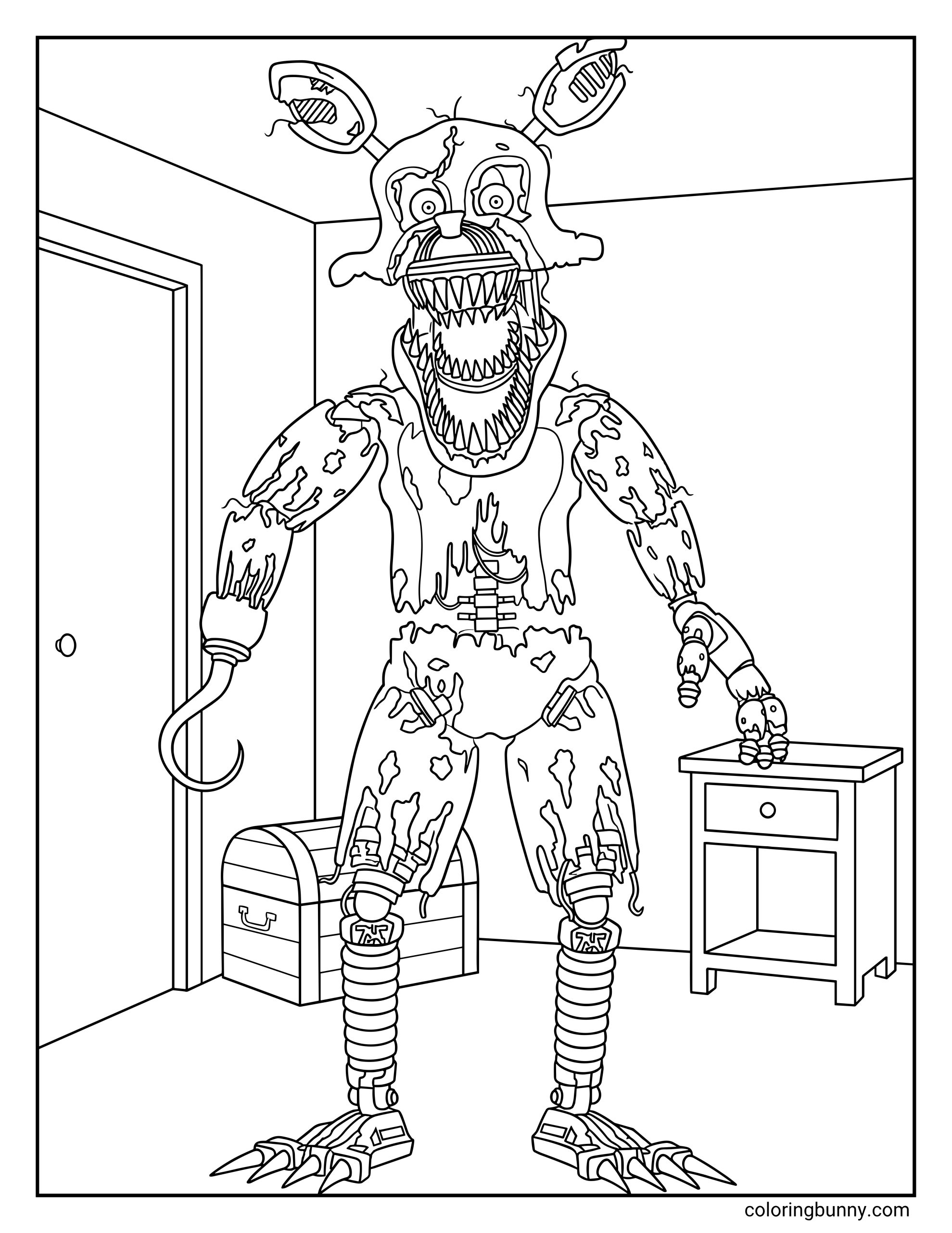Simple Nightmare Foxy FNAF coloring page for kids showing the damaged animatronic with a hook, standing between a treasure chest and a nightstand.