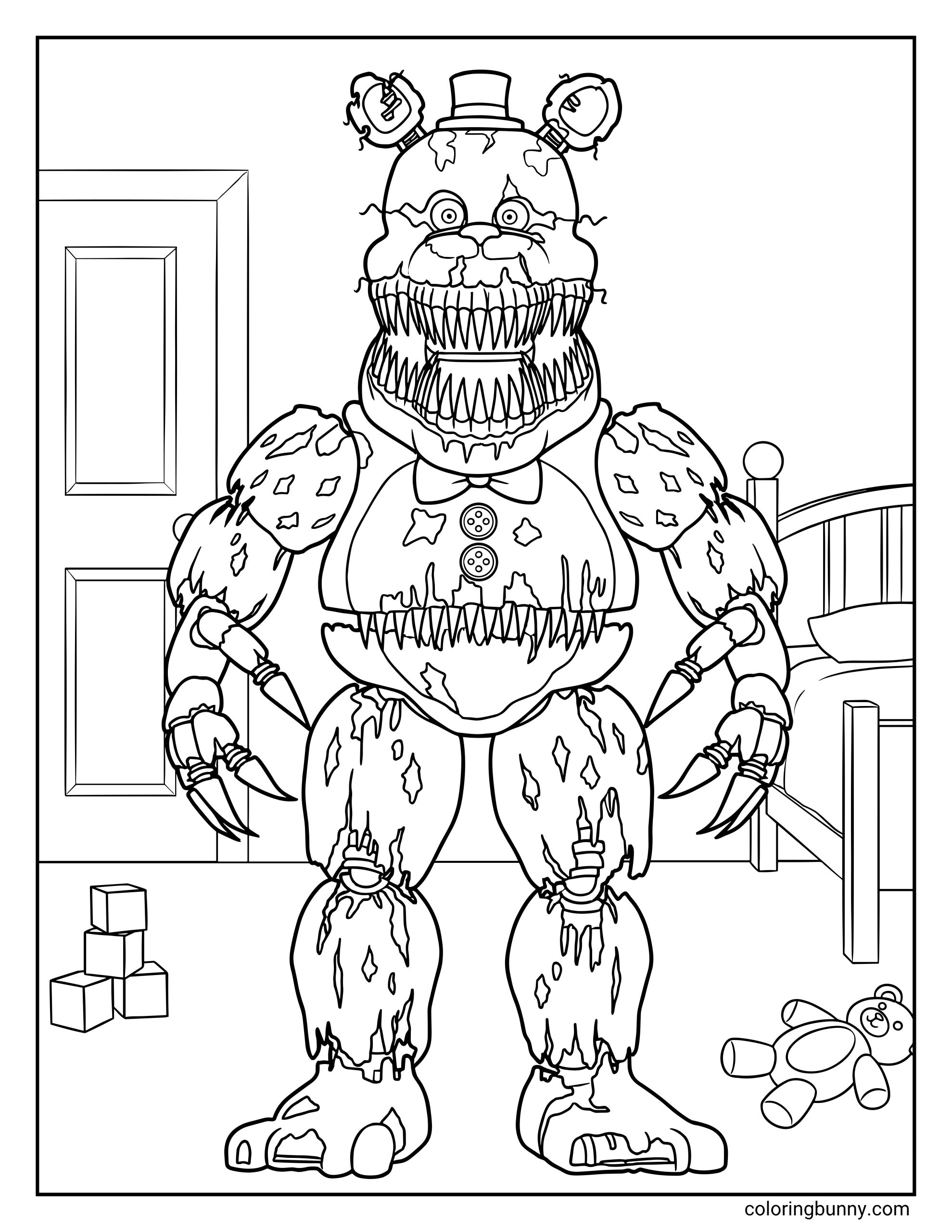 A simple coloring sheet of Nightmare Fredbear from FNAF, showing the animatronic bear in a full-body pose inside a childβs bedroom, with ripped suit pieces, exposed endoskeleton parts, a bow tie, and multiple rows of sharp teeth in bold black outlines.