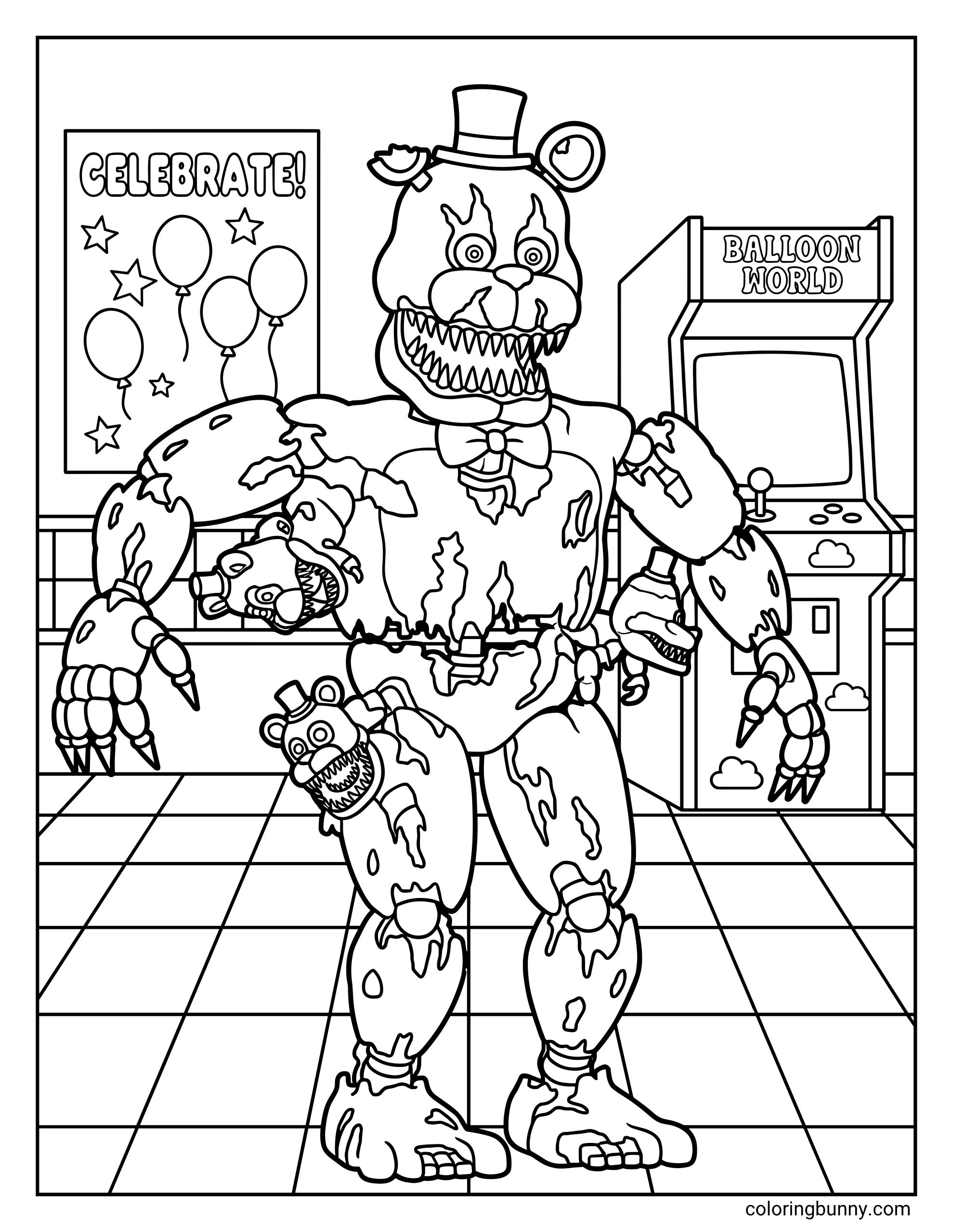 Nightmare Freddy FNAF coloring page featuring the tattered bear with three small 'Freddles' emerging from his body, set in an arcade with a Balloon World machine.