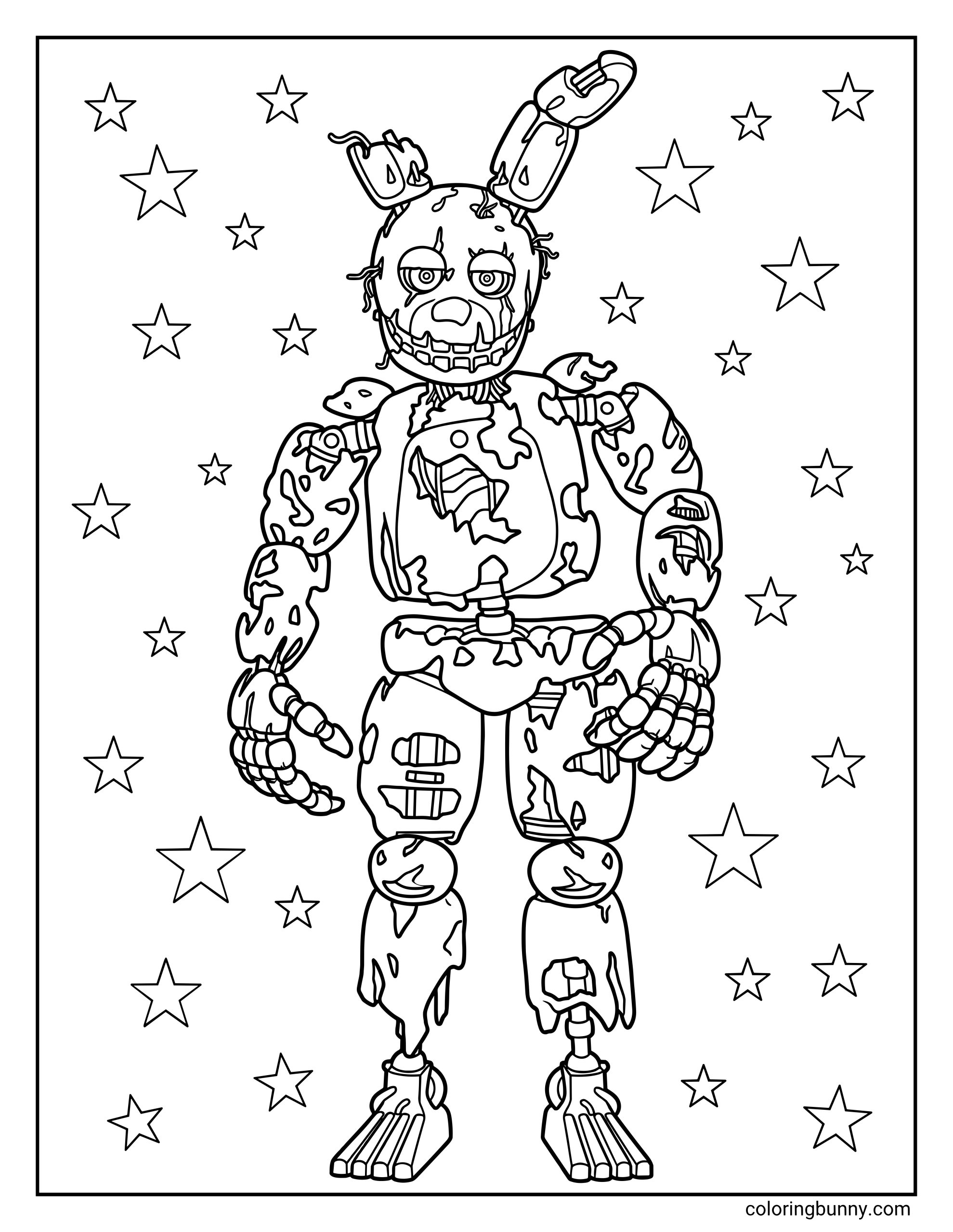 Springtrap FNAF coloring page featuring the damaged rabbit animatronic with holes in its suit, surrounded by stars.