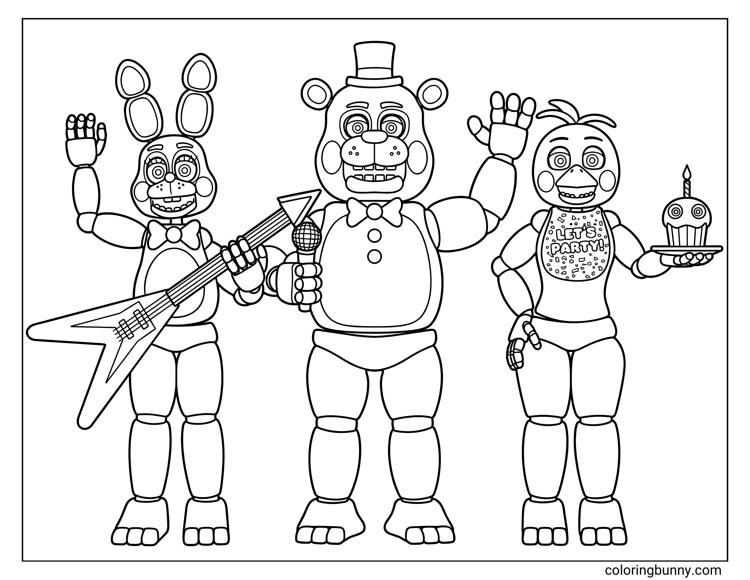 FNAF 2 coloring page featuring Toy Bonnie with a guitar, Toy Freddy waving with a microphone, and Toy Chica holding a cupcake.