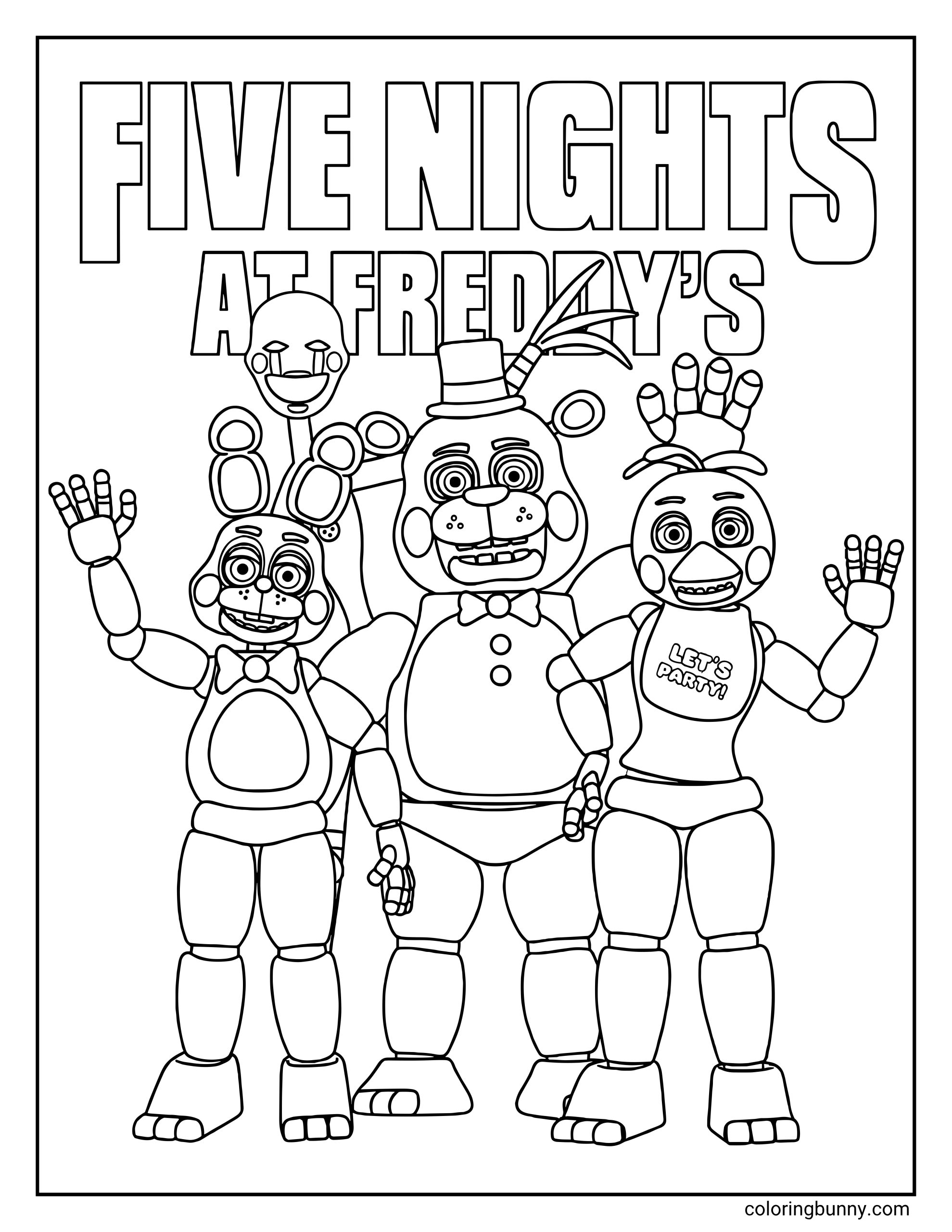 Printable FNAF coloring page featuring Toy Bonnie waving next to Toy Freddy, Toy Chica, the floating Puppet, and 'FIVE NIGHTS AT FREDDY'S' banner text.