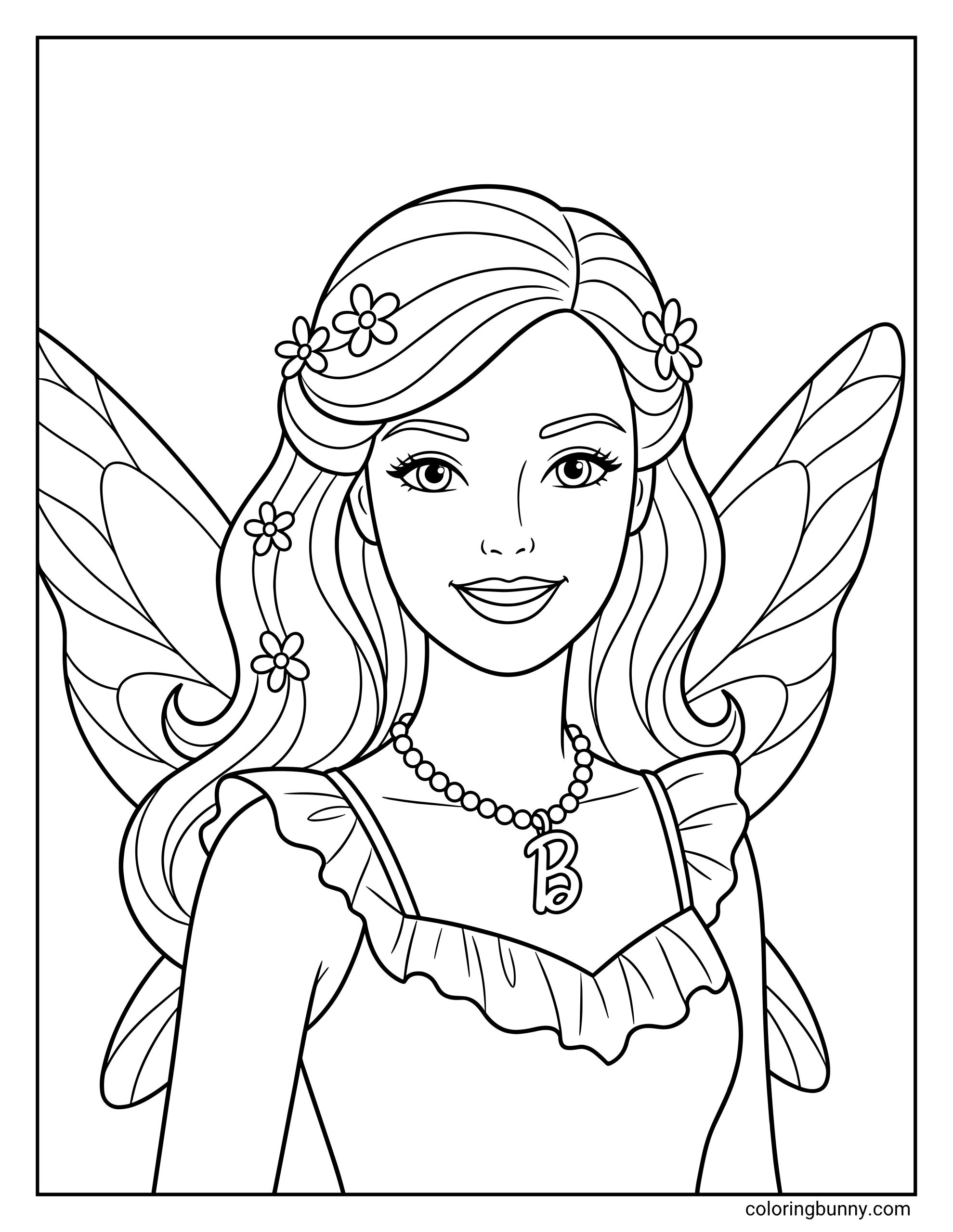 Fairy Barbie coloring page of her smiling gently in a front-facing portrait with butterfly-style wings spread behind her. The floral hair details, soft dress ruffles, and charm necklace make the scene feel magical and elegant.