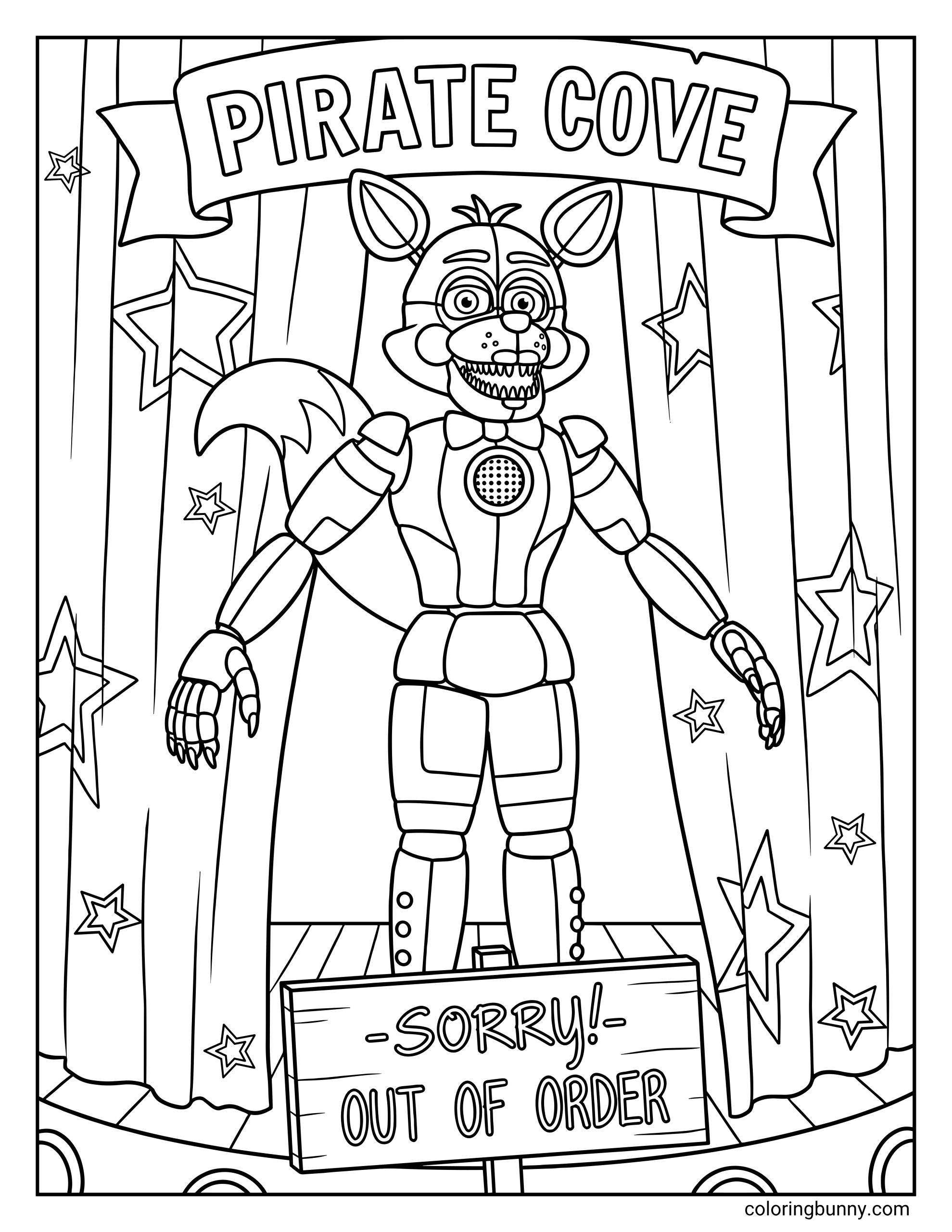 Coloring page of Funtime Foxy from Five Nights at Freddyβs, of Funtime Foxy standing on the Pirate Cove stage beneath a large banner, with curtain backdrops, star decorations, and an βOut of Orderβ sign at the front of the stage.