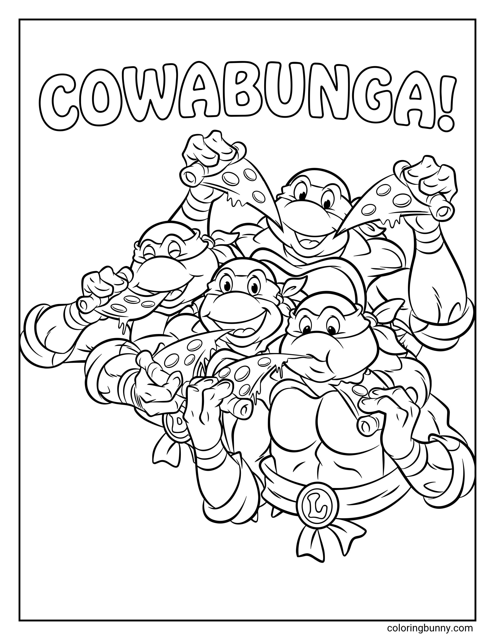 A coloring page of the four Teenage Mutant Ninja Turtles enjoying pizza together, with Leonardo, Michelangelo, Donatello, and Raphael packed closely in a happy group pose while each holds a slice of pizza with melted cheese hanging down.