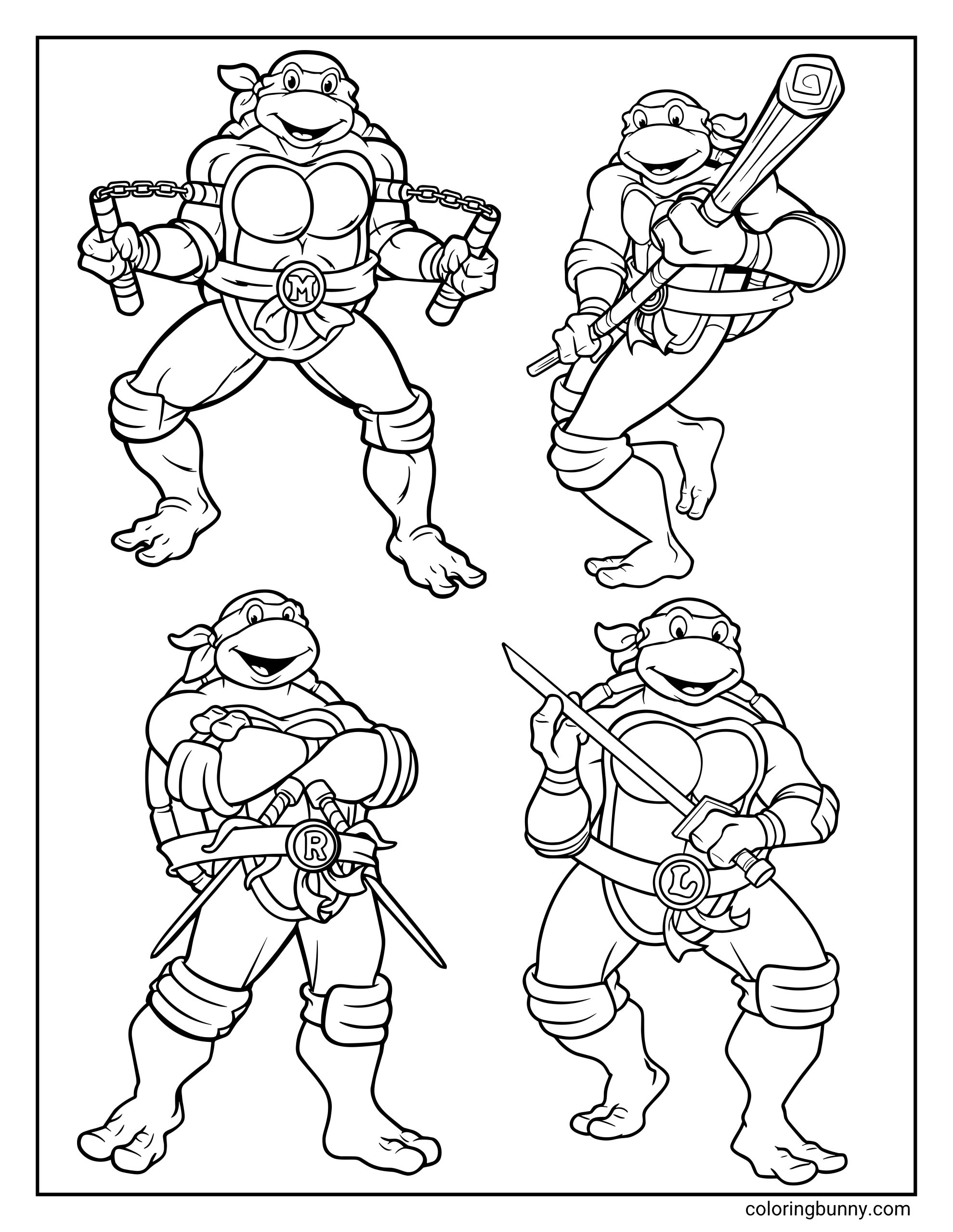 Simple Ninja Turtles coloring page for kids featuring Leonardo, Donatello, Raphael, and Michelangelo standing together with their swords, staff, nunchucks, and sai.