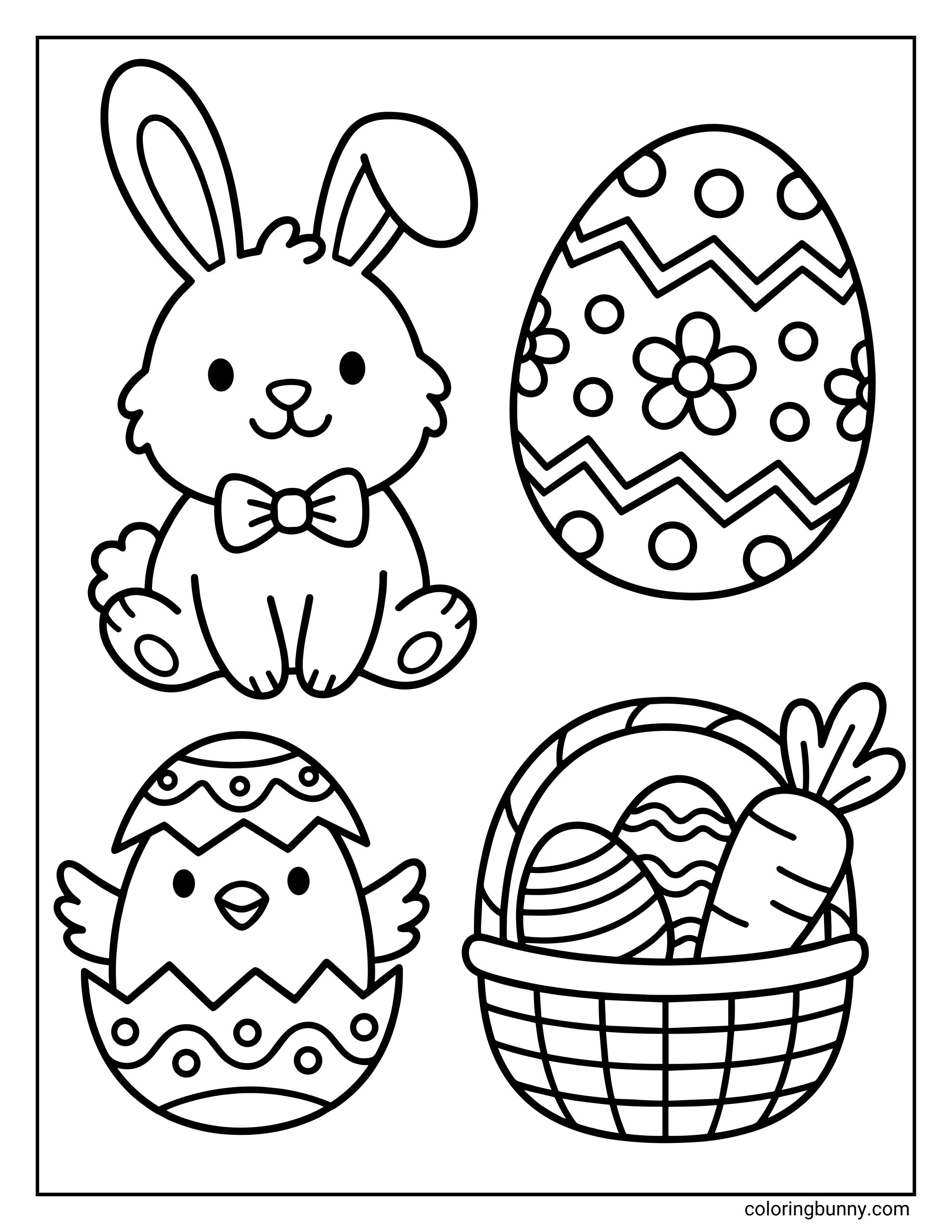 A simple coloring sheet showing four cute Easter-themed items: a smiling bunny, a patterned egg, a chick popping out of an egg, and a basket holding eggs and a carrot.
