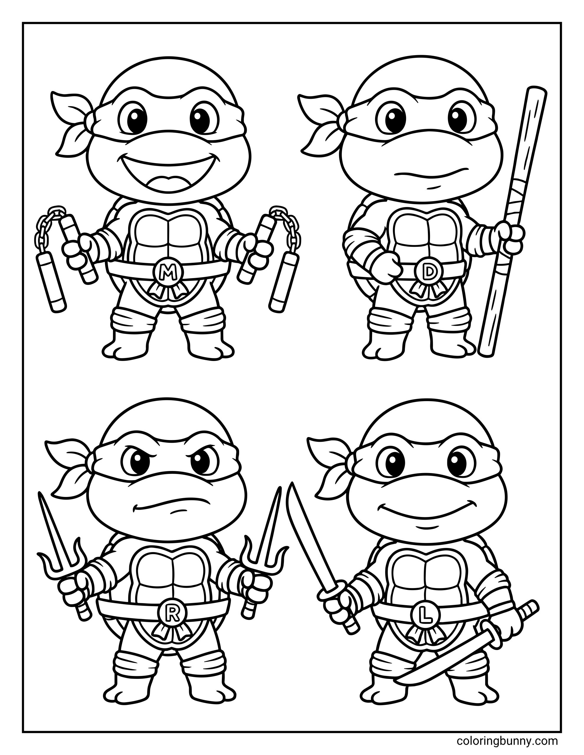 A coloring page of four cute chibi Ninja Turtles standing together with their signature weapons on a plain white background.