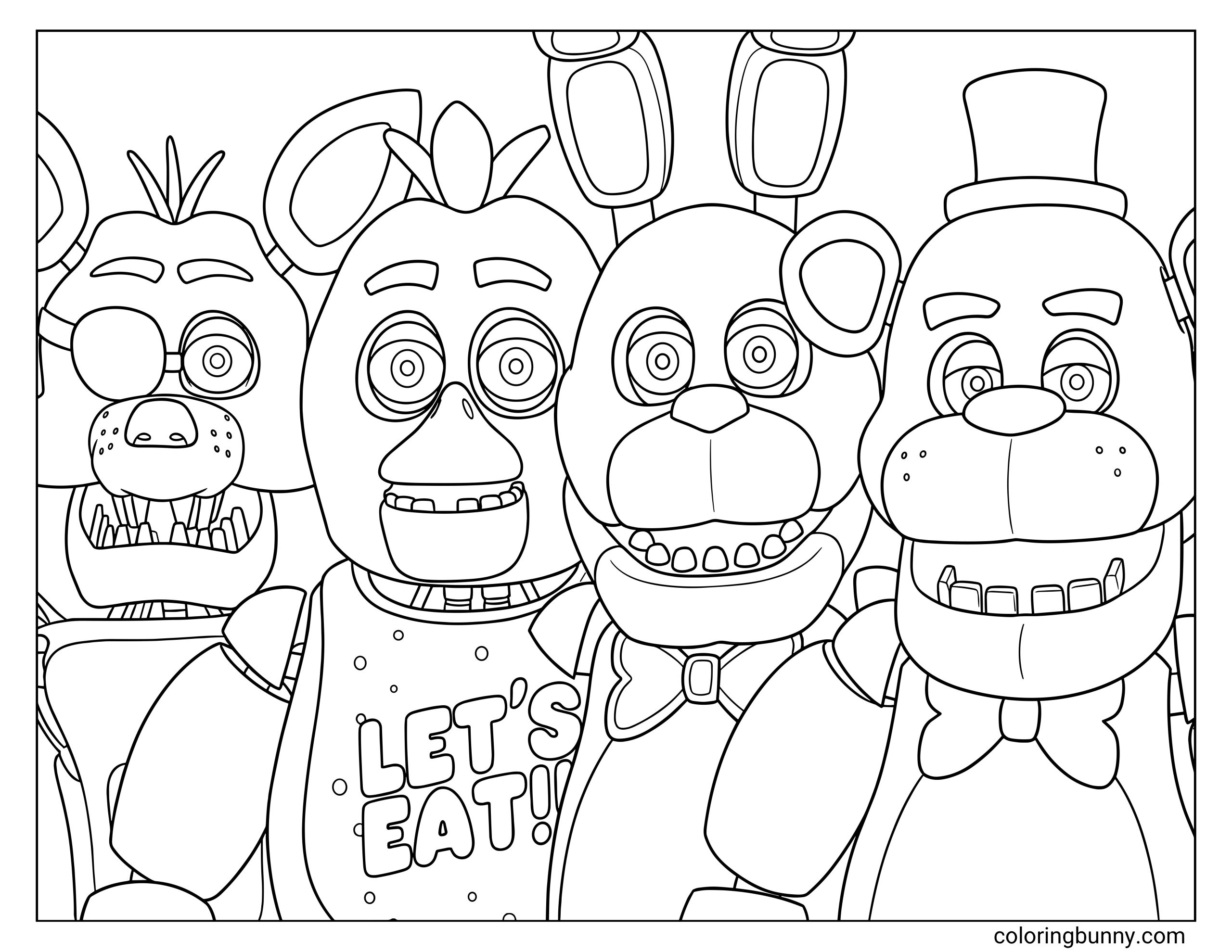 Five Nights at Freddy's characters coloring page featuring a close-up of Foxy with an eye patch, Chica wearing a 'LET'S EAT!!!' bib, Bonnie with a bow tie, and Freddy Fazbear in a top hat.