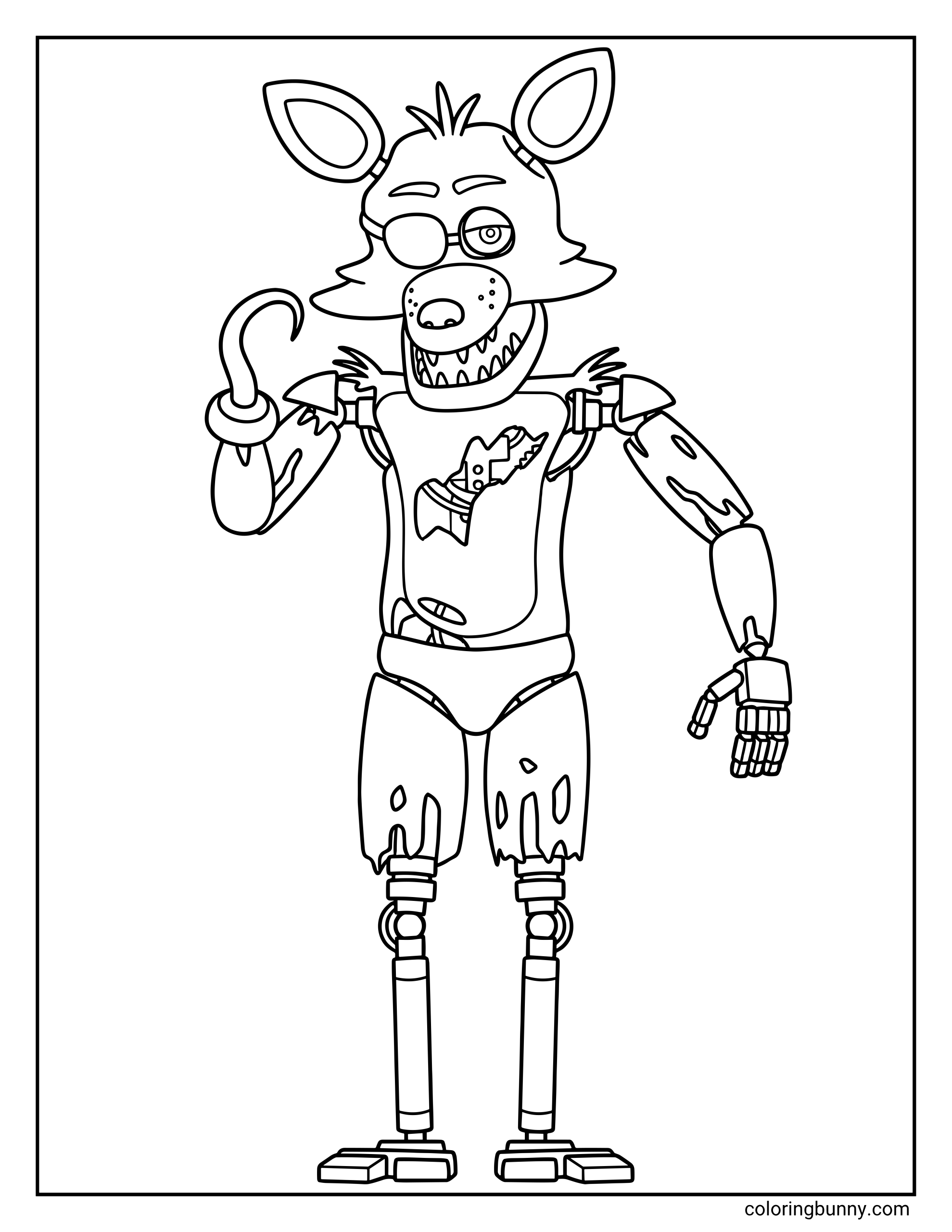 Five Nights at Freddyβs Foxy coloring page showing Foxy the animatronic pirate fox standing upright with a hook hand, eyepatch, sharp teeth, and torn suit details in a bold black-and-white character design.