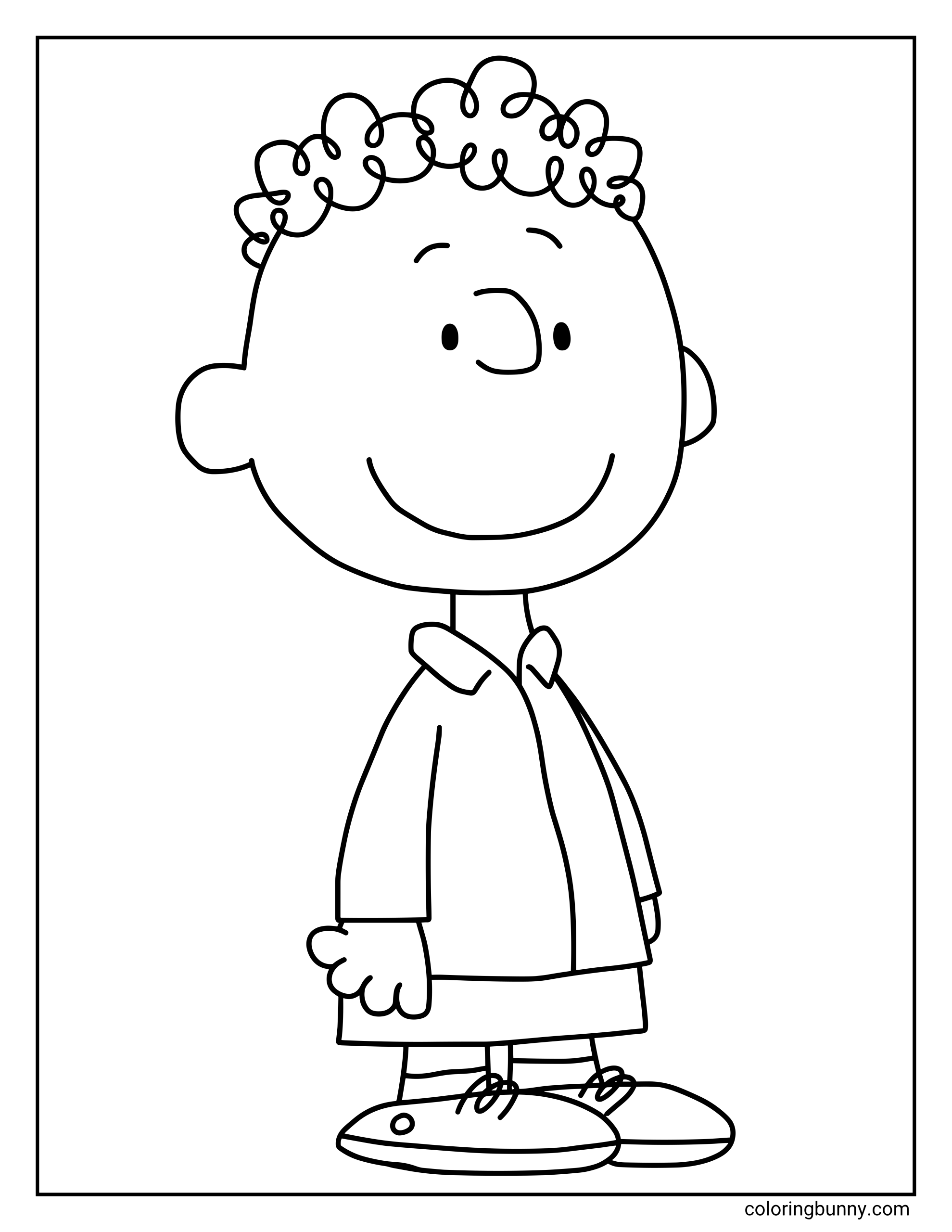 Franklin coloring page showing the Peanuts character Franklin standing alone with a smile, wearing a collared shirt, shorts, socks, and shoes.