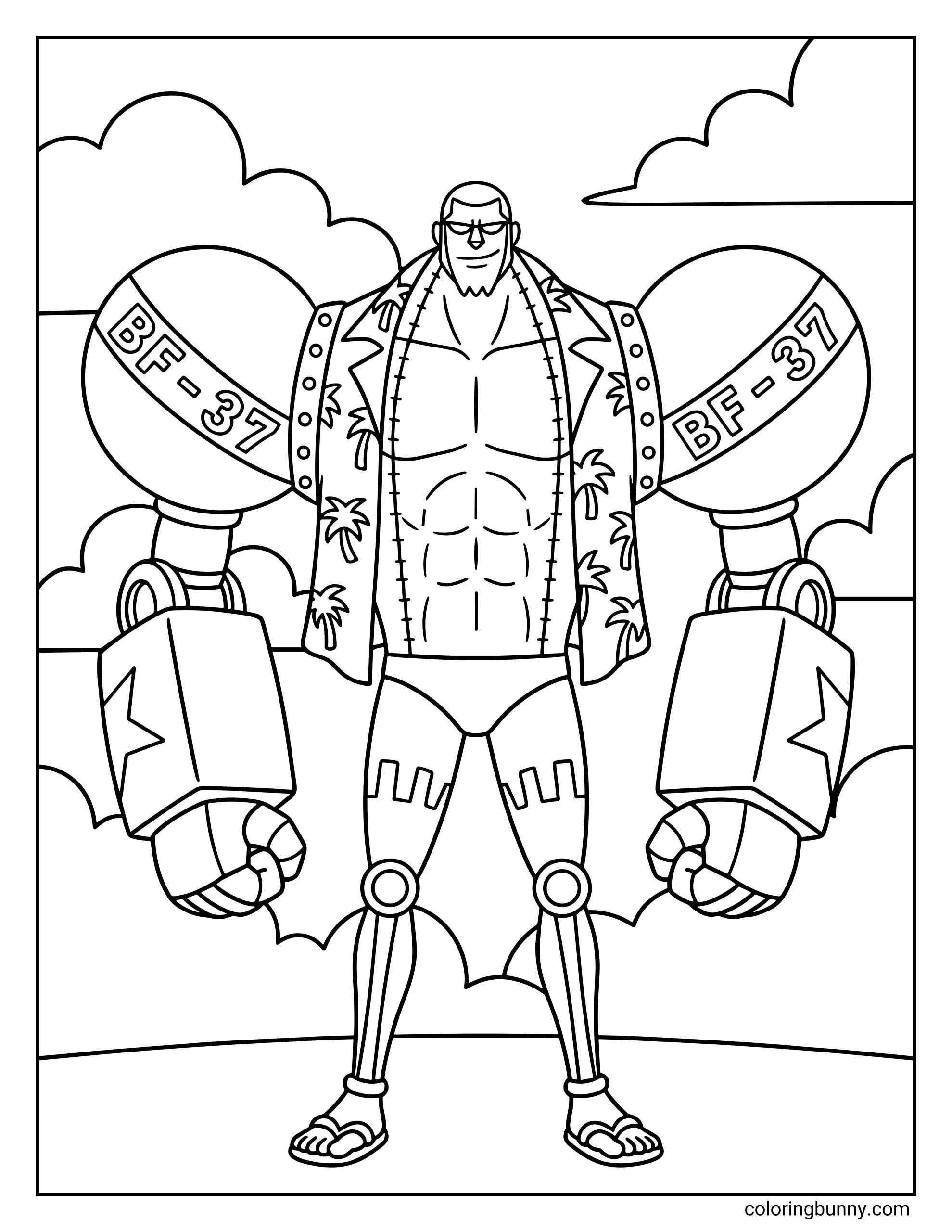 A Franky One Piece coloring page showing the Straw Hat Pirates’ cyborg shipwright standing proudly with his massive mechanical arms labeled “BF-37.” Wearing his open Hawaiian-style shirt and sunglasses, Franky shows off his powerful robotic build while standing under a sky filled with clouds.