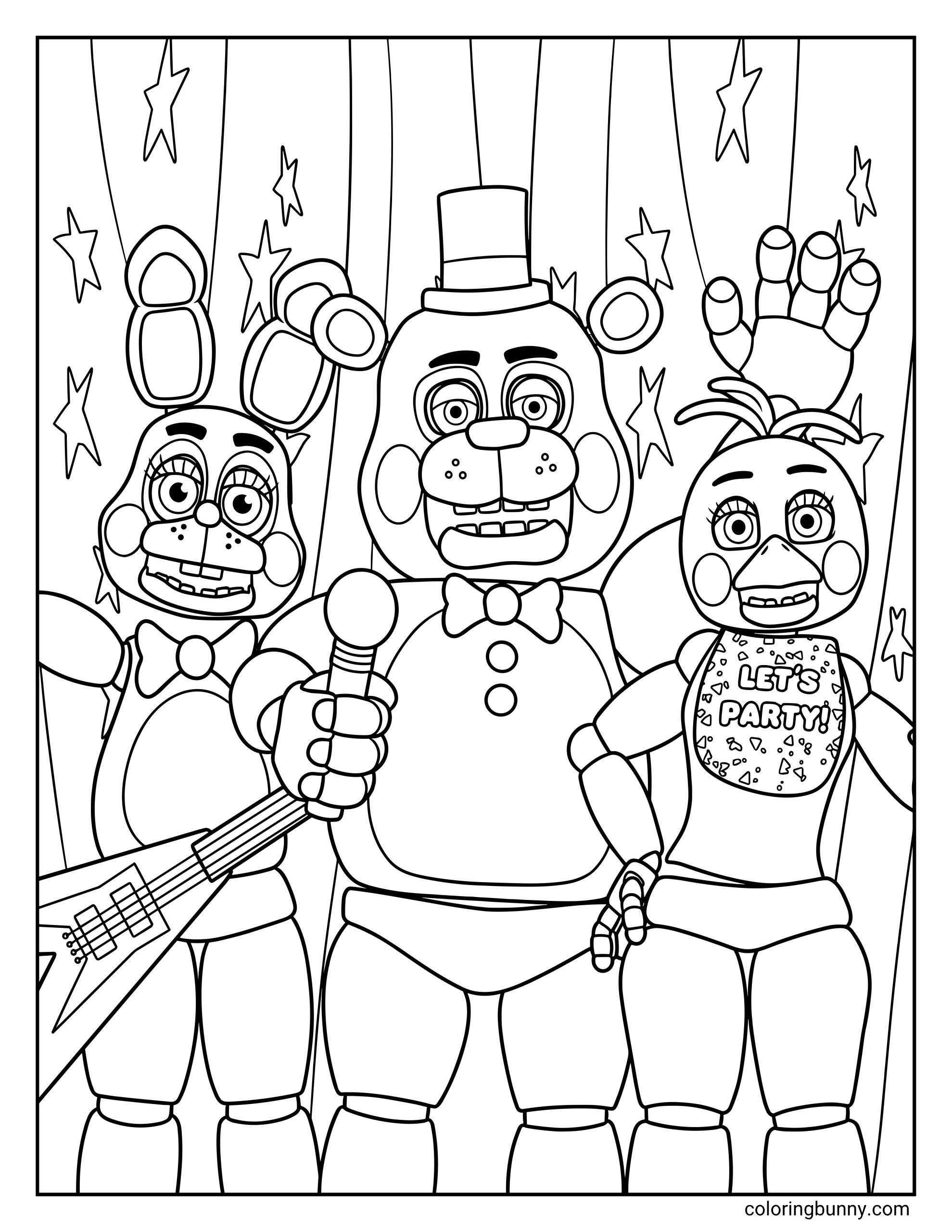 Simple Five Nights at Freddy's coloring page for kids featuring Toy Bonnie with a guitar, Toy Freddy with a bow tie, and Toy Chica waving with a 'LET'S PARTY!' bib, along with stage curtains and stars.