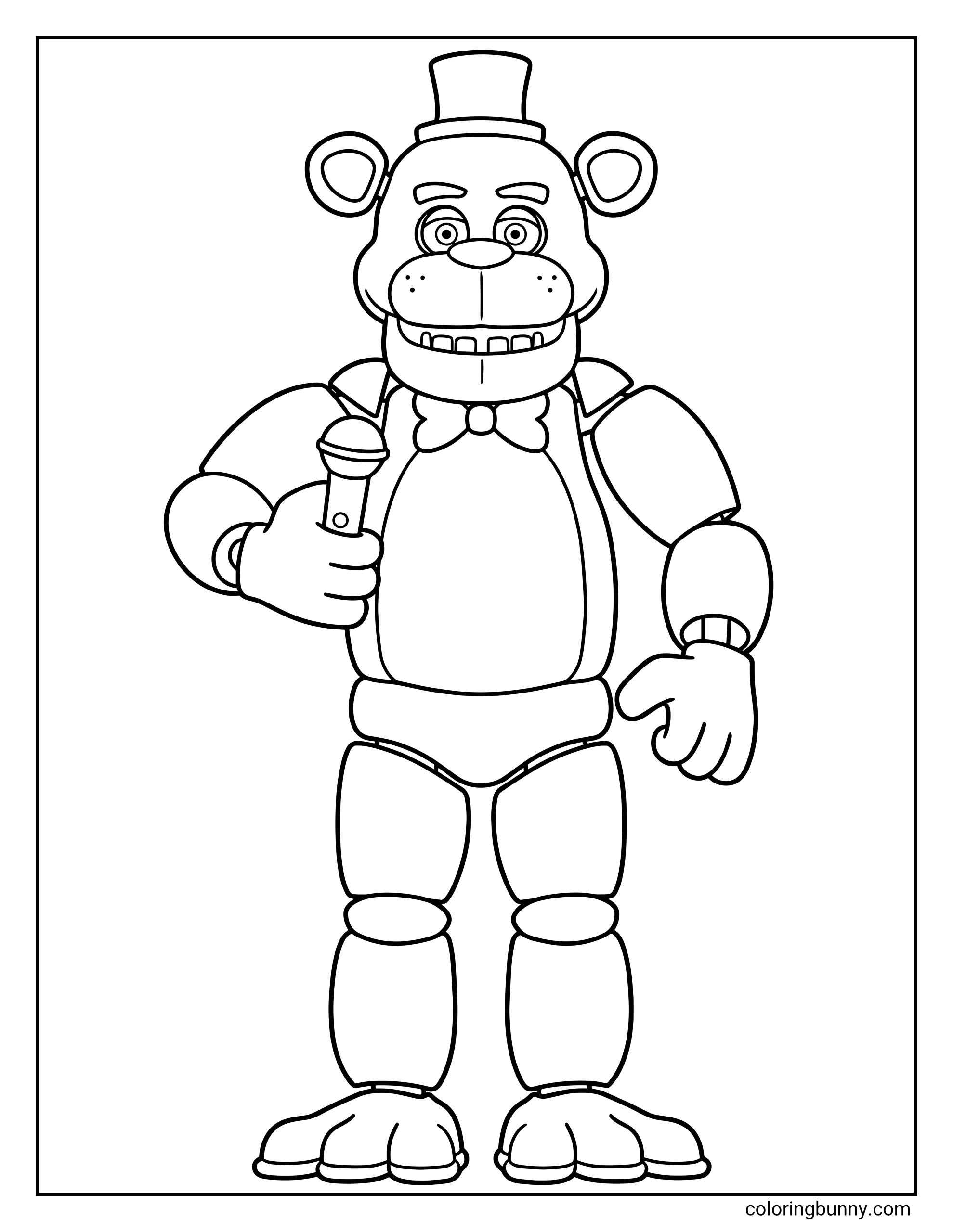 Freddy Fazbear coloring page featuring the animatronic bear wearing a top hat and bow tie while holding a microphone.