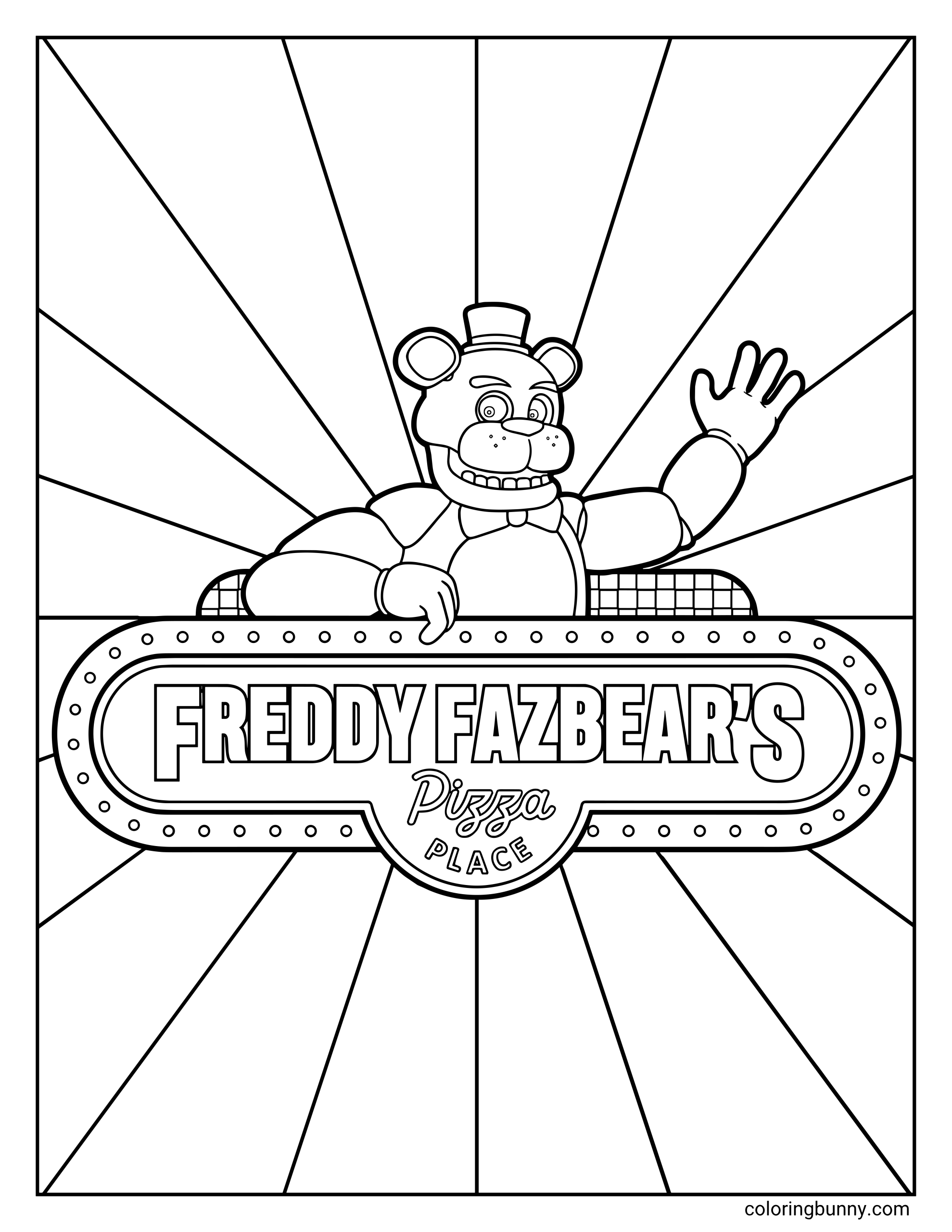 NAF coloring page featuring Freddy Fazbear with a top hat waving from behind a large marquee sign that reads 'FREDDY FAZBEAR'S Pizza PLACE' against a sunburst background.