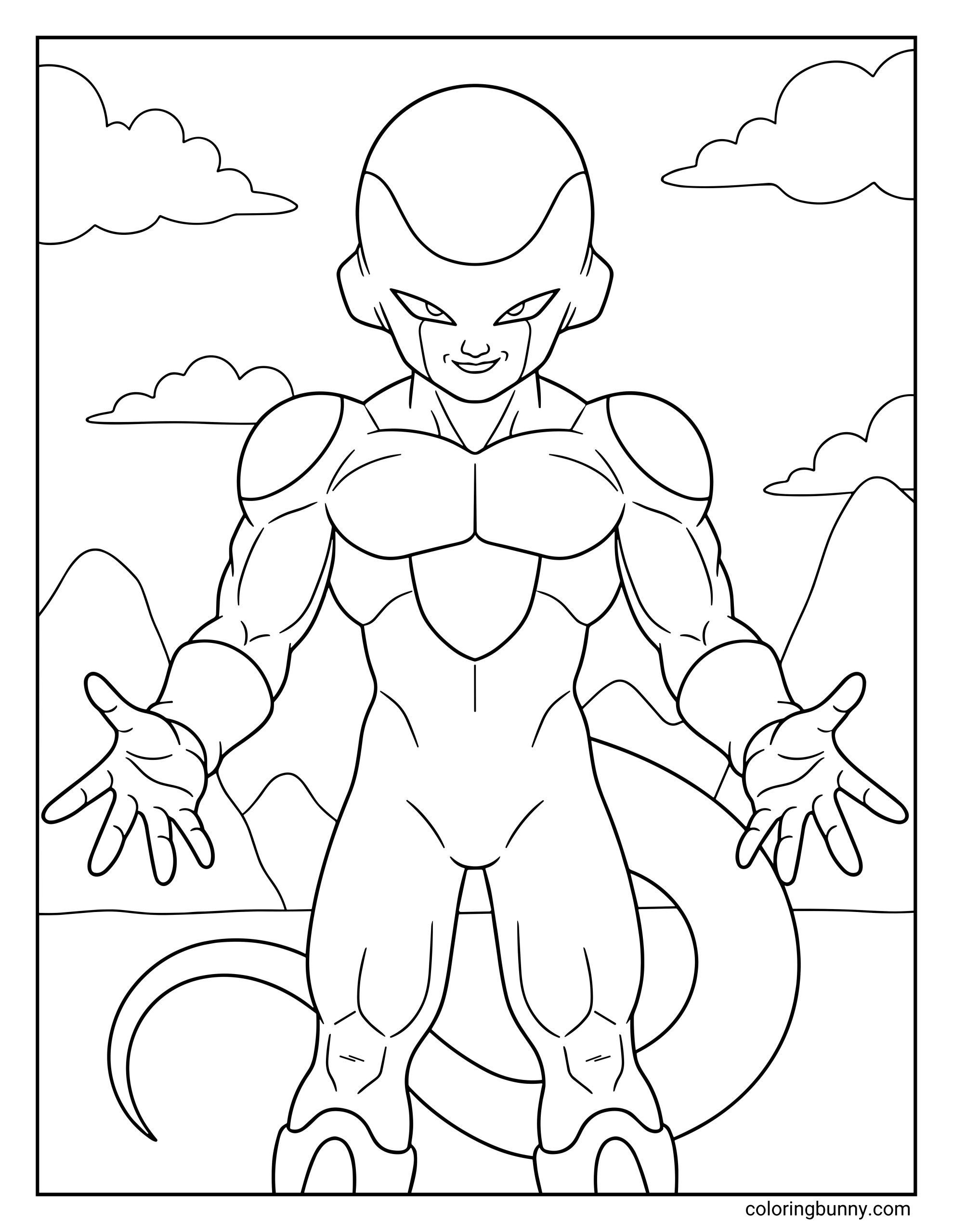 A simple Dragon Ball Z coloring page featuring Frieza standing confidently with his arms open and tail curled behind him. The powerful villain smirks as mountains and clouds sit in the background of the battlefield.