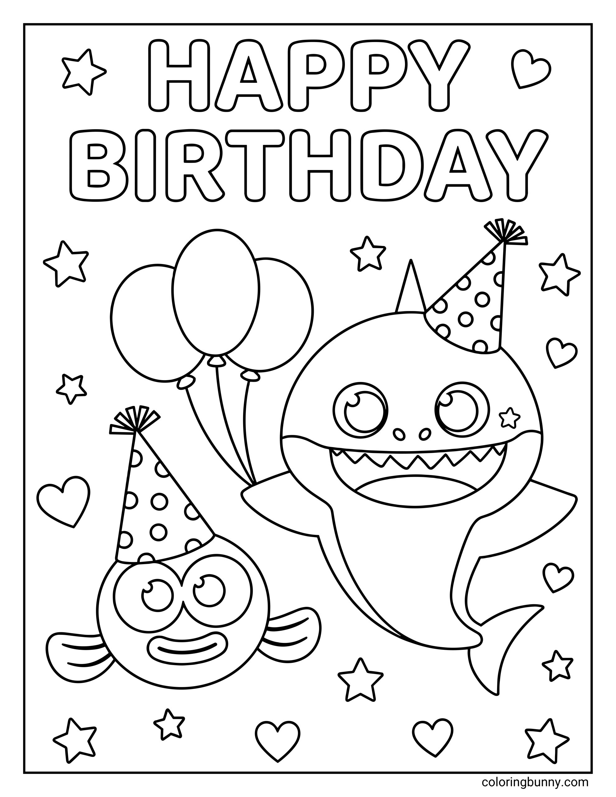 Baby Shark birthday coloring page with Baby Shark and a small fish wearing party hats, three balloons, stars, hearts, and the words “HAPPY BIRTHDAY” at the top.
