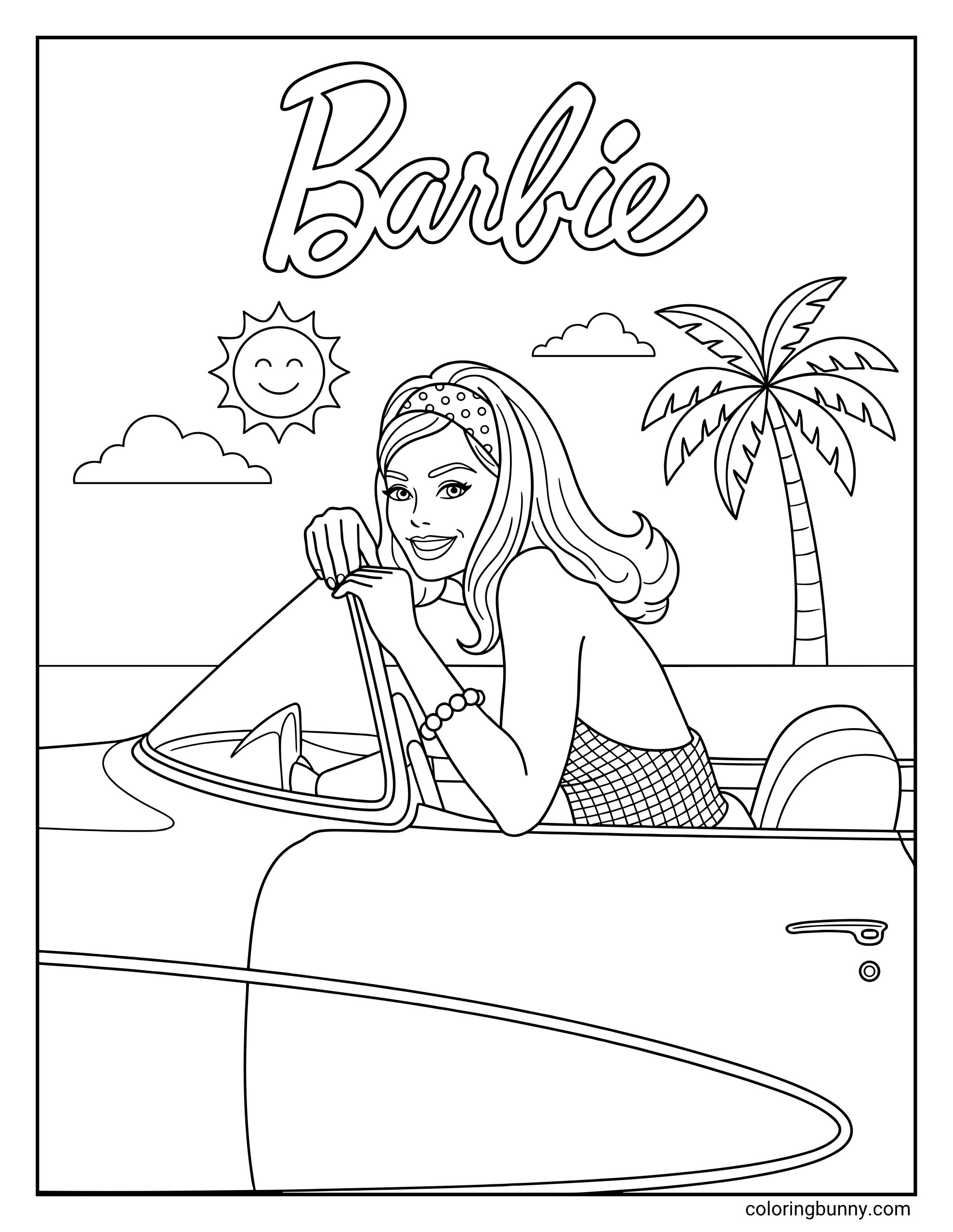 Barbie coloring page featuring the smiling doll leaning on the windshield of a convertible car at the beach, with a palm tree, a smiling sun, and banner text.