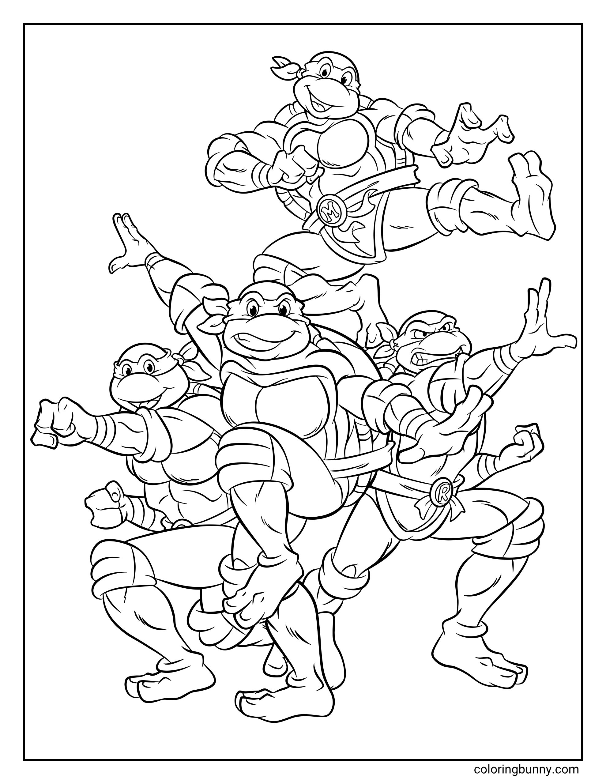 Simple Teenage Mutant Ninja Turtles coloring page for kids featuring the famous mutant brothers showing off their best punches and martial arts stances.