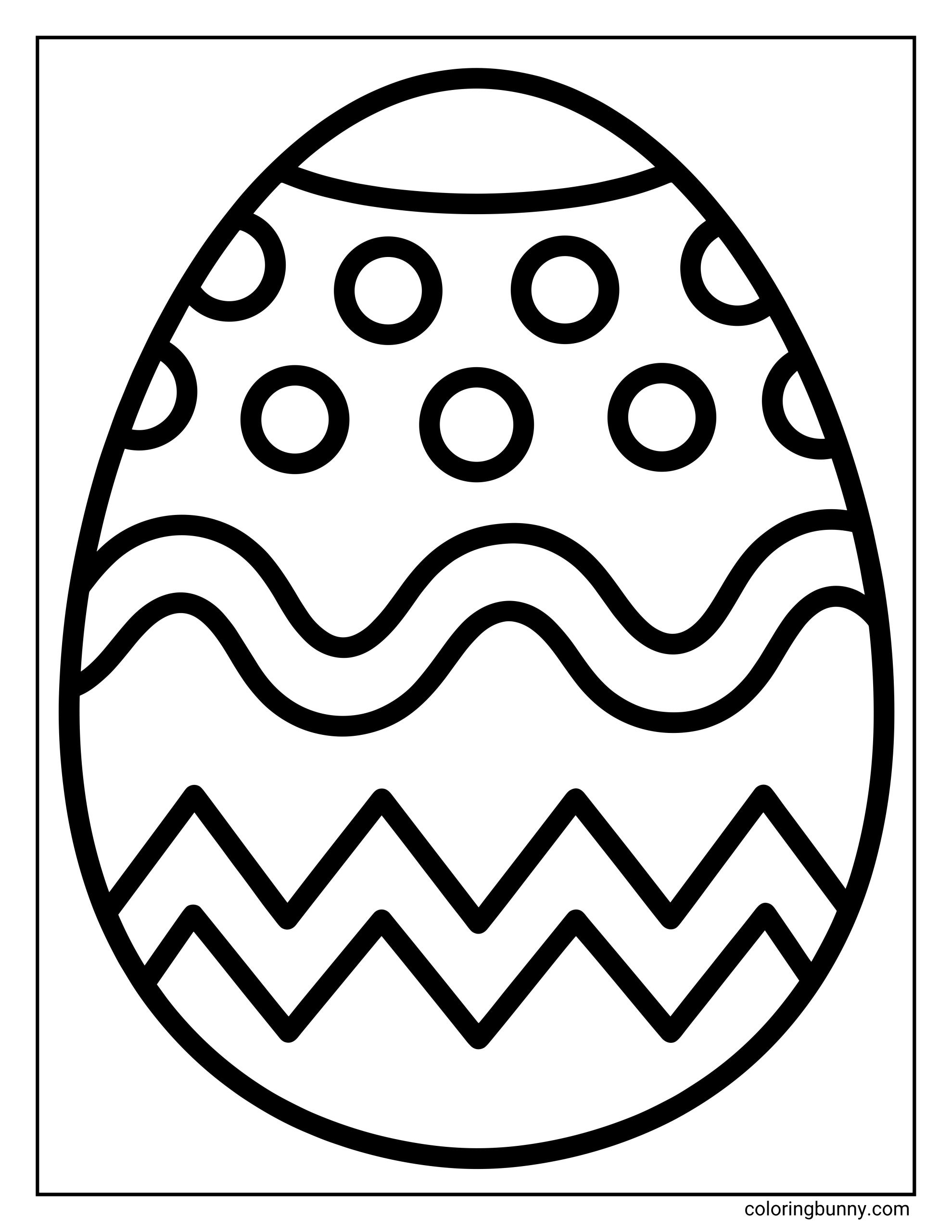 An easy coloring page of a large patterned Easter egg filled with zigzag lines, polka dots, and wavy decorations, created with bold outlines ideal for young kids.