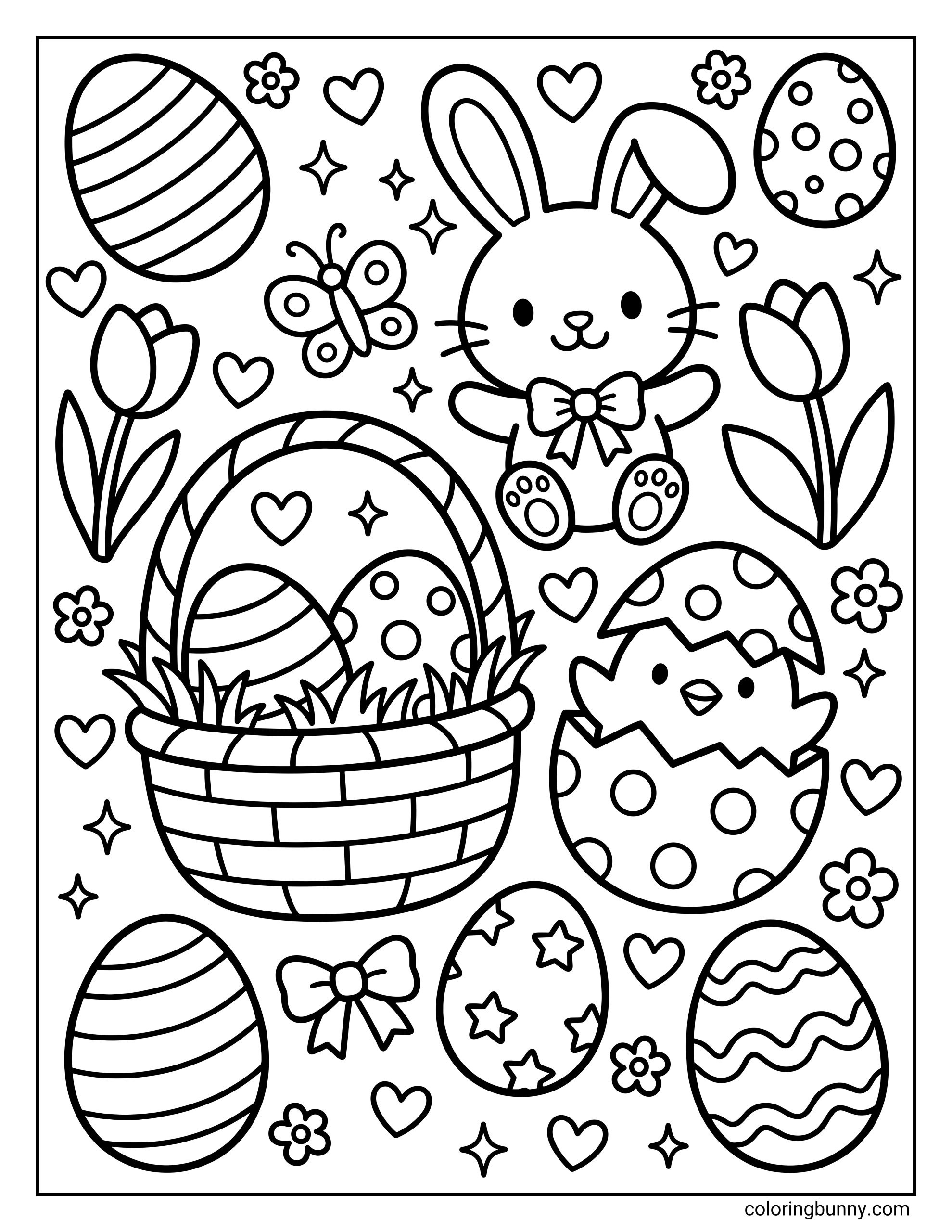 A kids Easter coloring page of a cute bunny with a bow, decorated eggs, a chick hatching from an egg, and a basket full of eggs surrounded by flowers, hearts, and a butterfly.