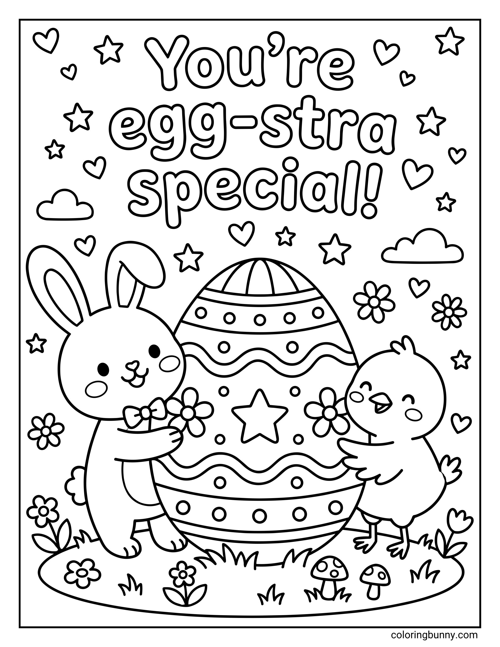 A kids coloring sheet of a happy bunny and a little chick hugging a giant decorated Easter egg. The words "You're egg-stra special!" are written in big bubble letters at the top, surrounded by a fun background of floating hearts, stars, clouds, and pretty spring flowers for children to color.