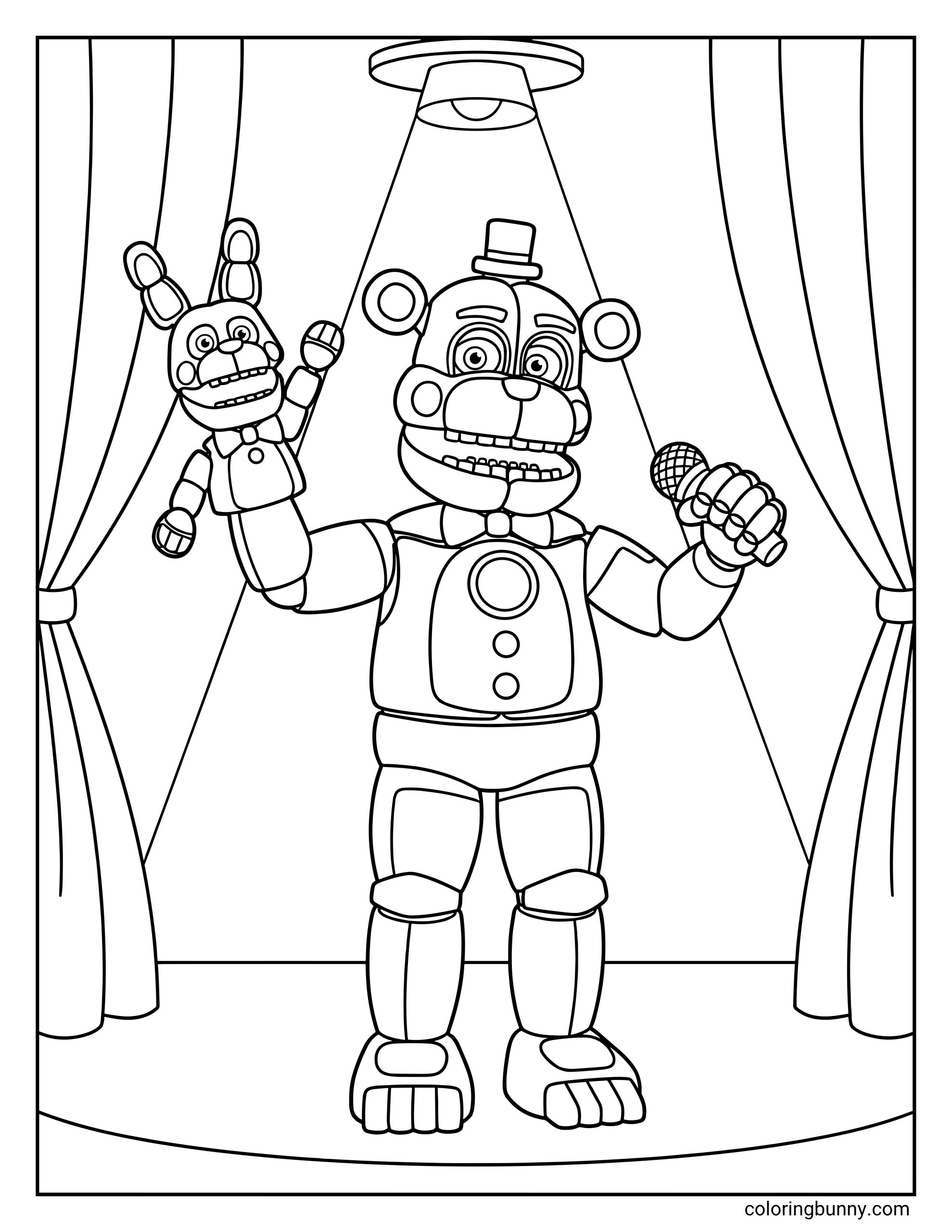 Funtime Freddy FNAF coloring page featuring the bear animatronic on stage with Bon-Bon the hand puppet under a spotlight.