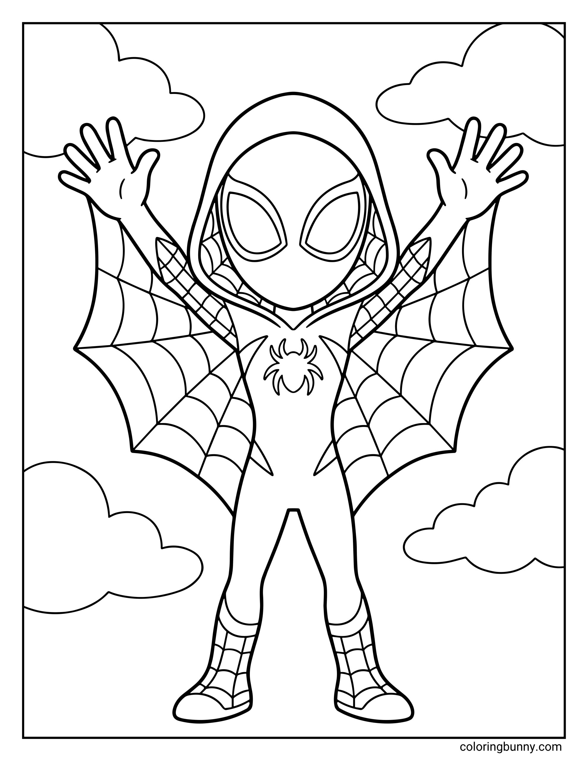 A Spidey and His Amazing Friends coloring page featuring Ghost-Spider (Gwen Stacy) wearing her hooded suit with web wings stretched wide between her arms, standing among fluffy clouds with a spider emblem on her chest and bold web details across her suit.