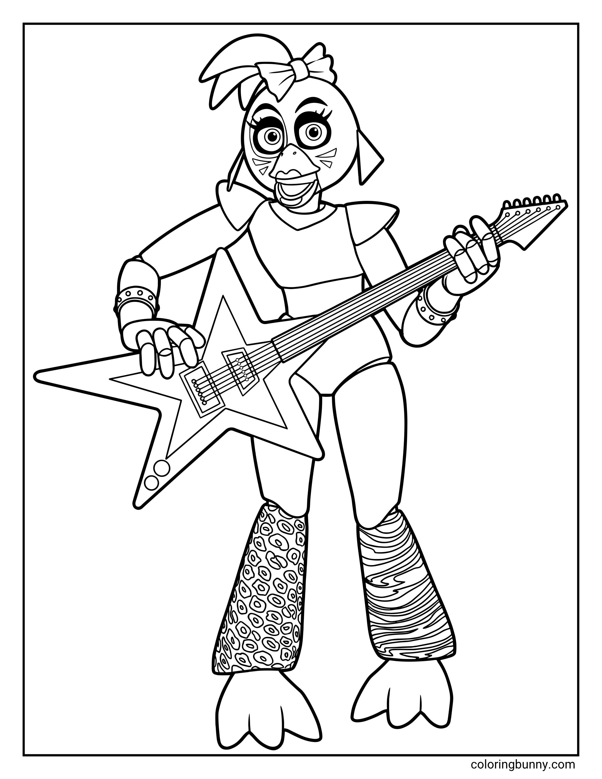 Five Nights at Freddy's coloring page showing Glamrock Chica in a full-body standing pose playing an electric guitar. She features her trademark leopard-print and striped leg warmers, spiked wrist bracelets, and a small bow tucked into her head crest
