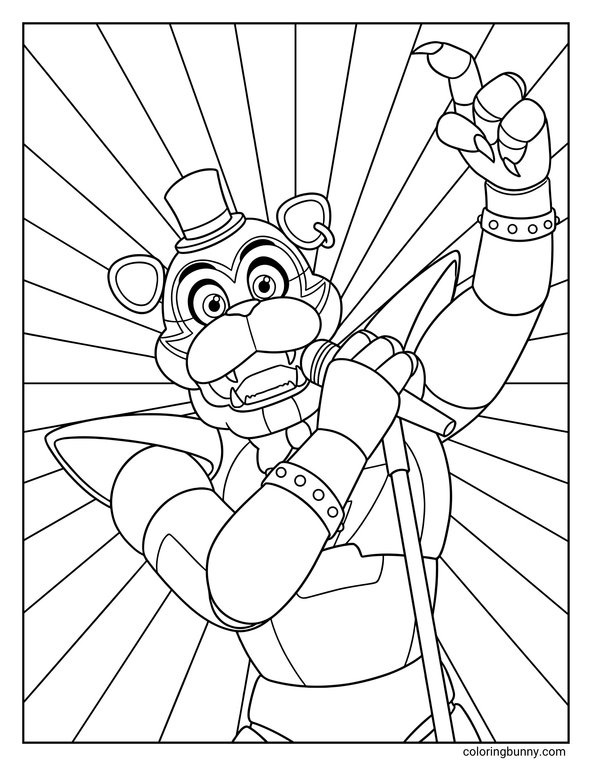 FNAF Security Breach coloring page featuring Glamrock Freddy holding a microphone stand and pointing his claw up, set against a background of bright radiating lines.