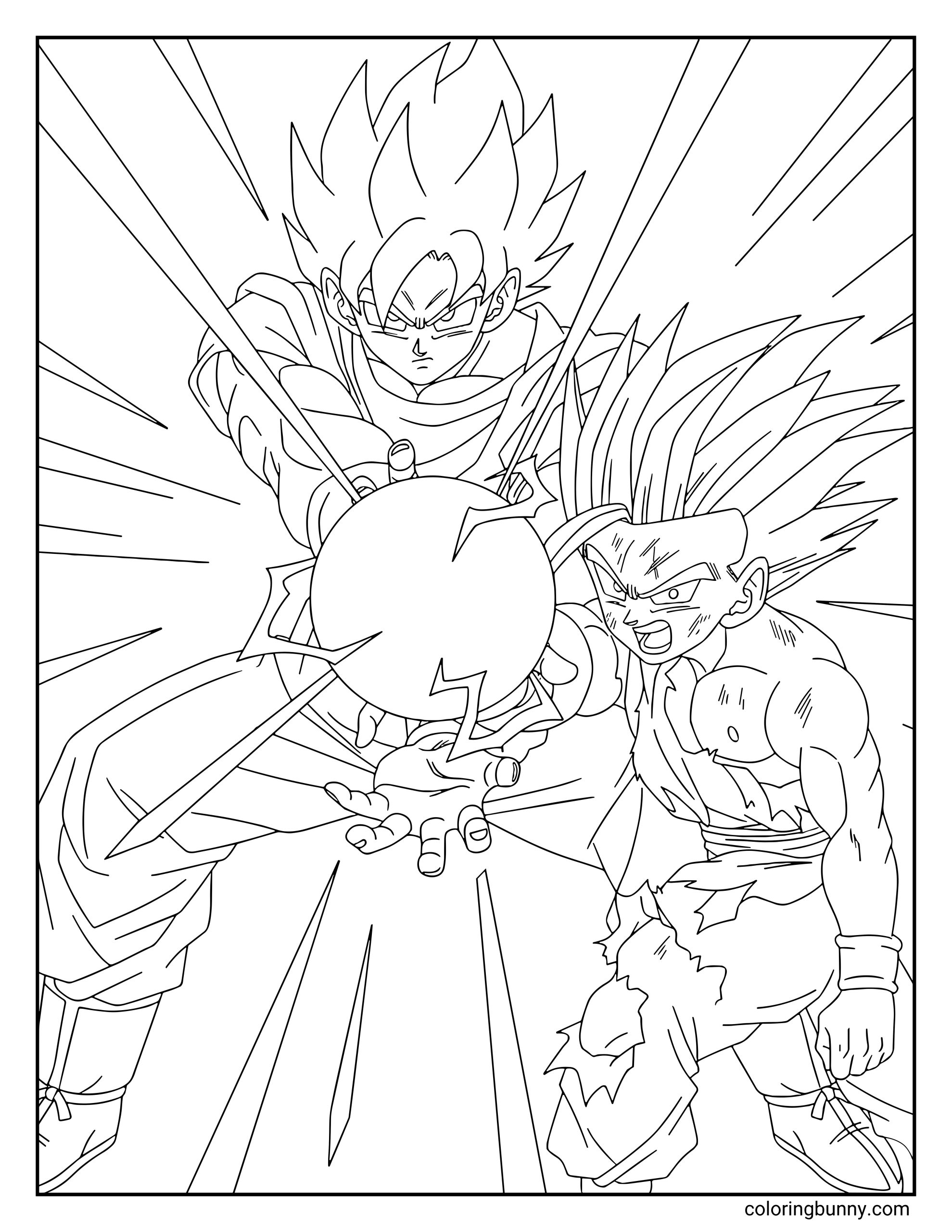 A Dragon Ball Z coloring page featuring Gohan and Goku performing the Father-Son Kamehameha together. Gohan fires a powerful energy blast while Goku appears next to him guiding the attack as energy beams burst outward.