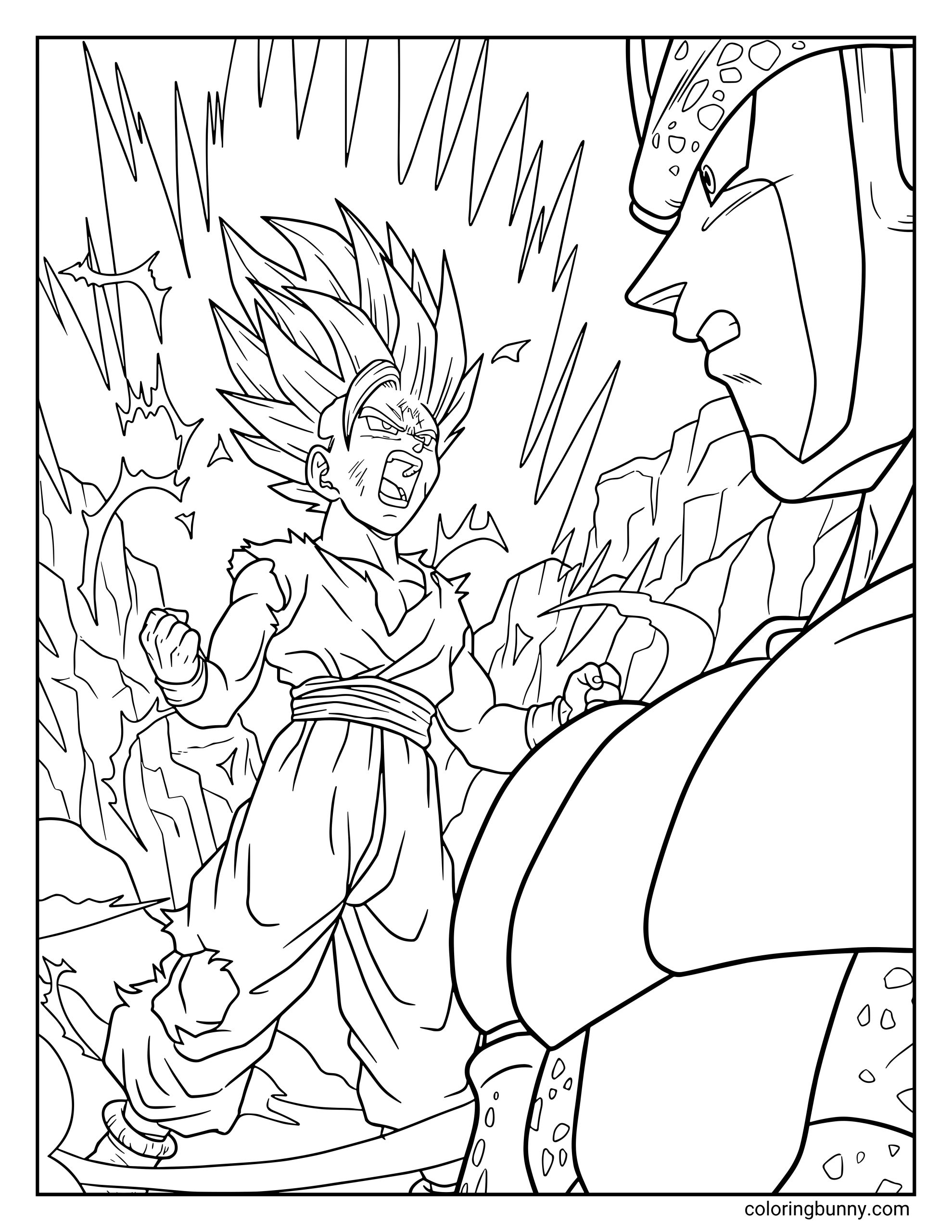 A Dragon Ball Z coloring page featuring Super Saiyan Gohan powering up with an intense lightning aura as he faces Cell. The young Saiyan stands with clenched fists and torn battle clothes while Cell looms in front of him during their climactic showdown.