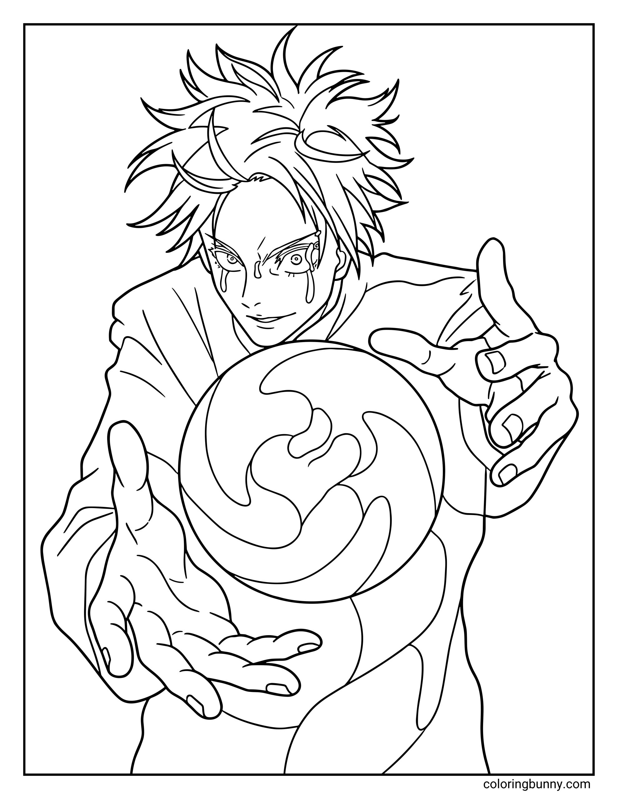 A Jujutsu Kaisen coloring page featuring Satoru Gojo using Cursed Technique Lapse: Blue, leaning forward with an intense expression as he controls a swirling sphere of cursed energy between his hands. His wild hair and focused gaze highlight the moment he manipulates the powerful attraction force of the Blue technique, pulling energy inward with overwhelming precision.