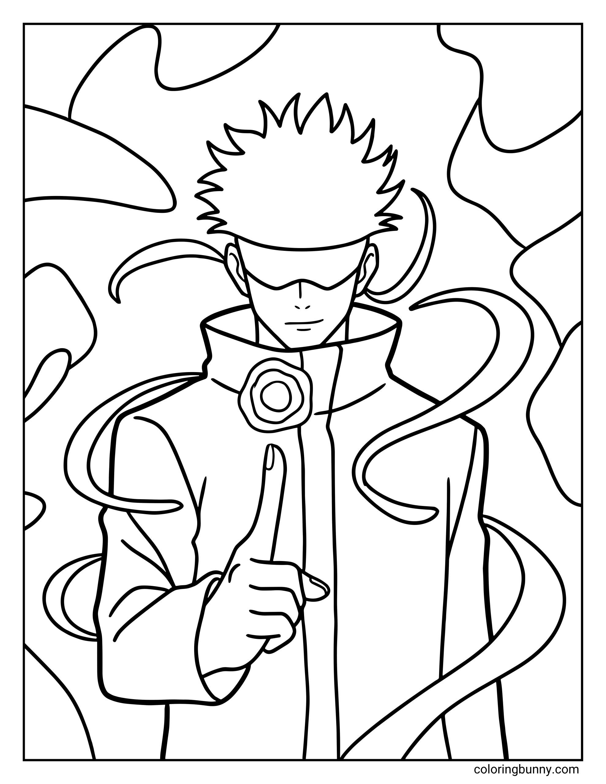 A Jujutsu Kaisen coloring page featuring Satoru Gojo using Cursed Technique Reversal: Red, standing calmly with his finger raised while powerful cursed energy swirls around him. The strongest sorcerer wears his signature blindfold and high-collar uniform as waves of energy spiral outward, hinting at the explosive force of his technique.