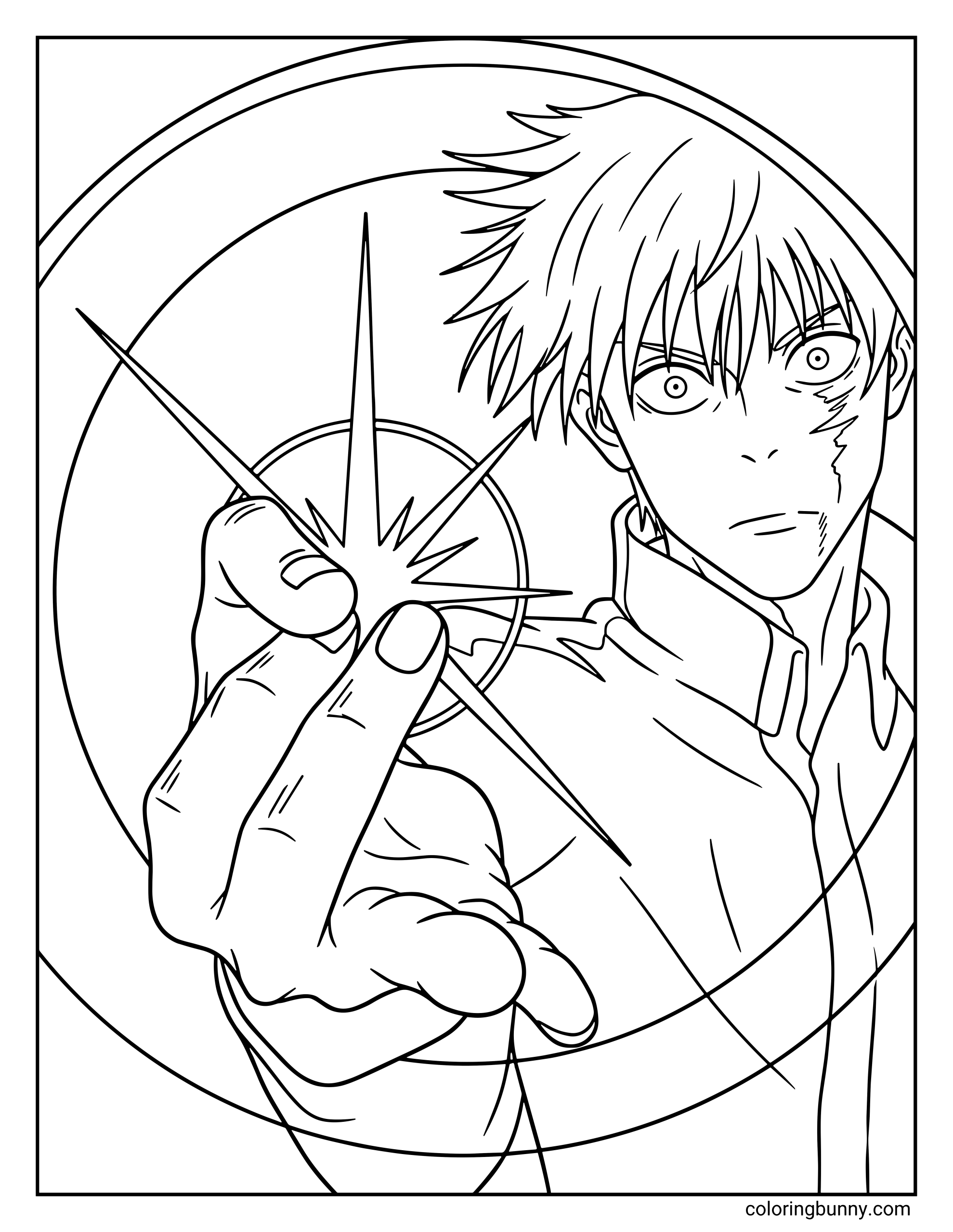 A Jujutsu Kaisen coloring page featuring Satoru Gojo unleashing Hollow Purple, extending his hand forward as a powerful sphere of energy forms between his fingers.