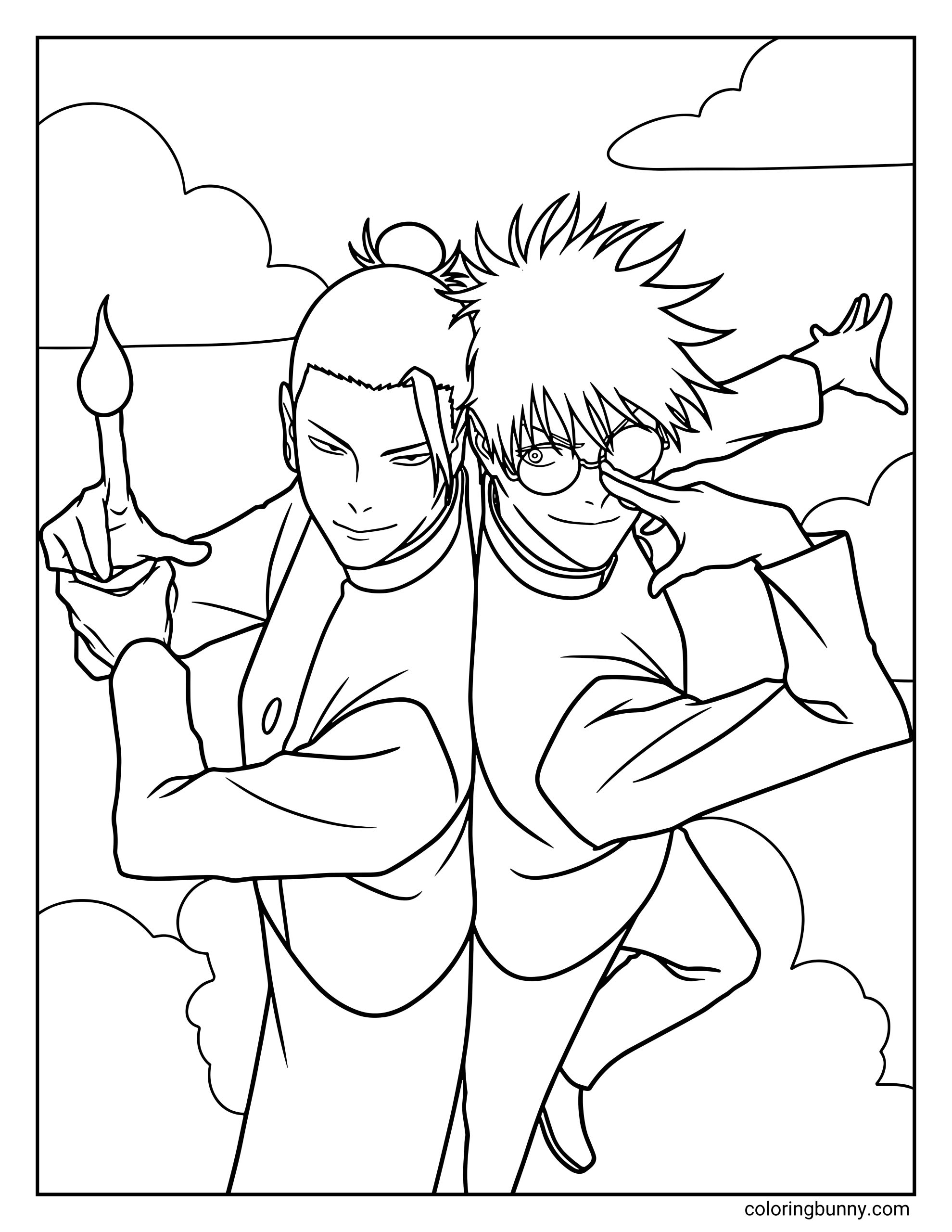 A Jujutsu Kaisen coloring page featuring Satoru Gojo and Suguru Geto standing back-to-back, showing their powerful partnership during their days as Jujutsu High students. Gojo flashes a confident grin while adjusting his round glasses, while Geto raises his hand, preparing to unleash one of his techniques.