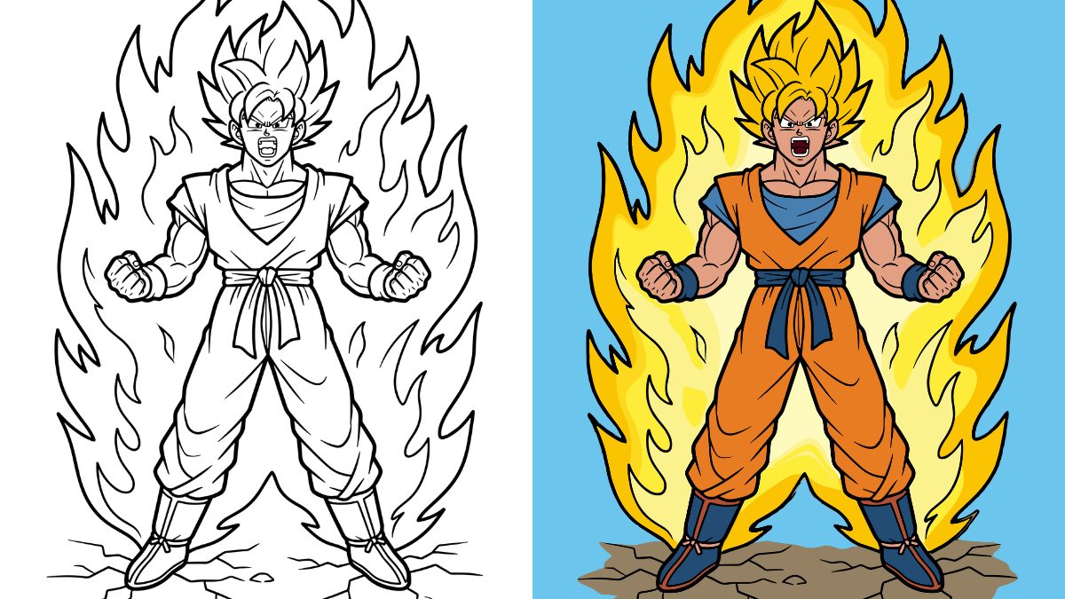 Goku Coloring Pages with Goku in Super Saiyan Power Up Transformation