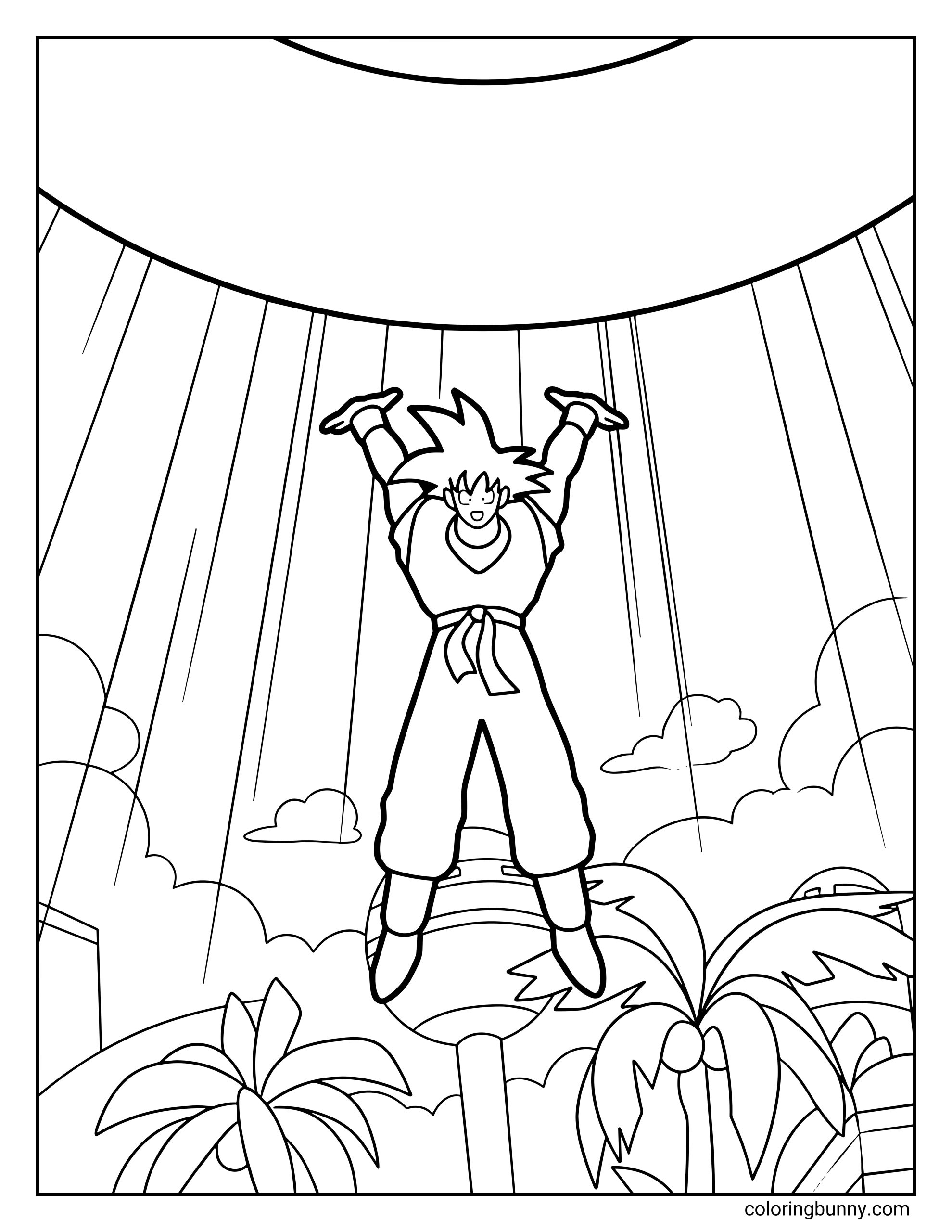 A Dragon Ball FighterZ coloring page featuring Goku flying upward with his arms raised toward a large glowing energy sphere above him. Below him are palm trees and buildings, capturing the moment he gathers energy for a powerful attack.