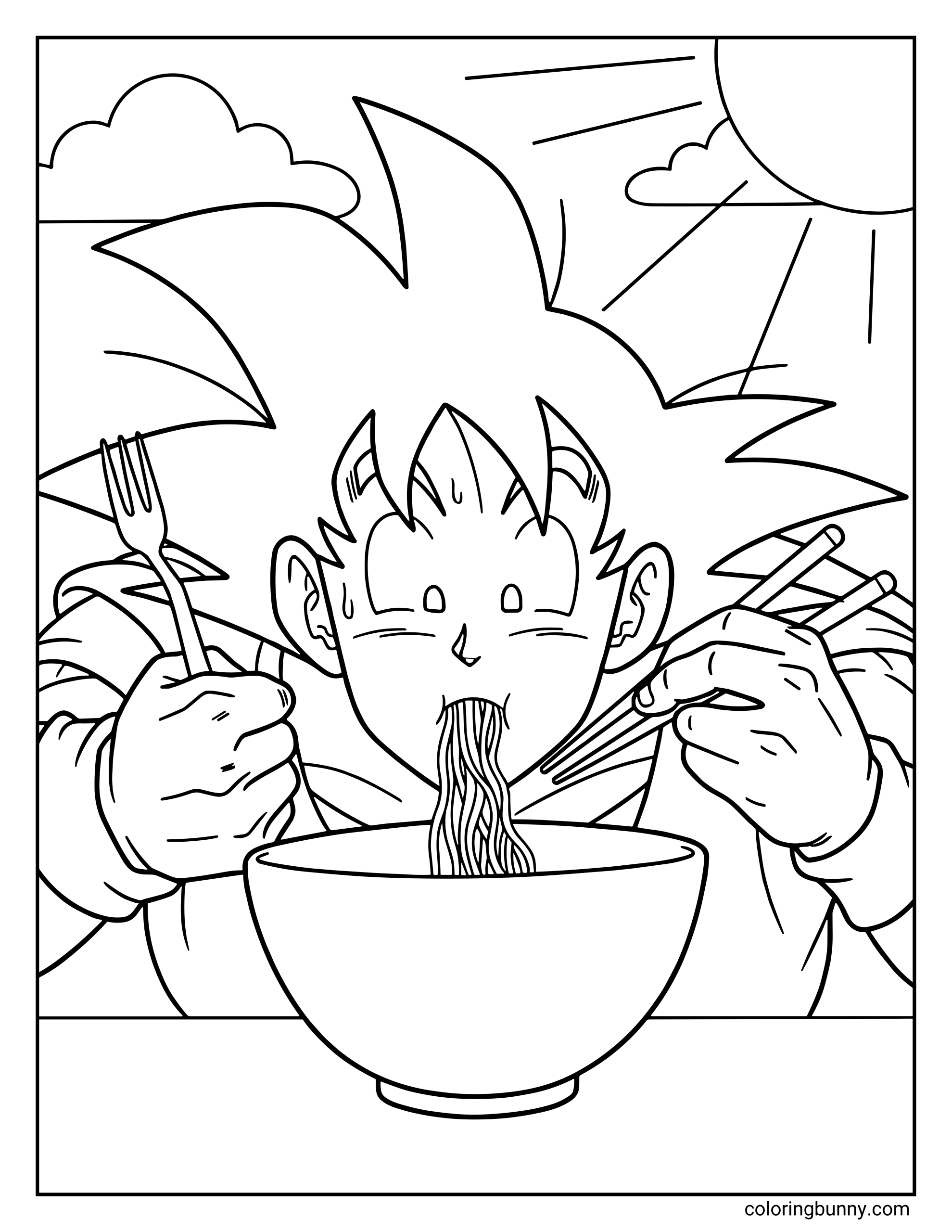 A Dragon Ball Z coloring page featuring Goku happily eating a large bowl of noodles with chopsticks and a fork. The Saiyan warrior slurps up his meal under the bright sun, looking excited and very hungry.