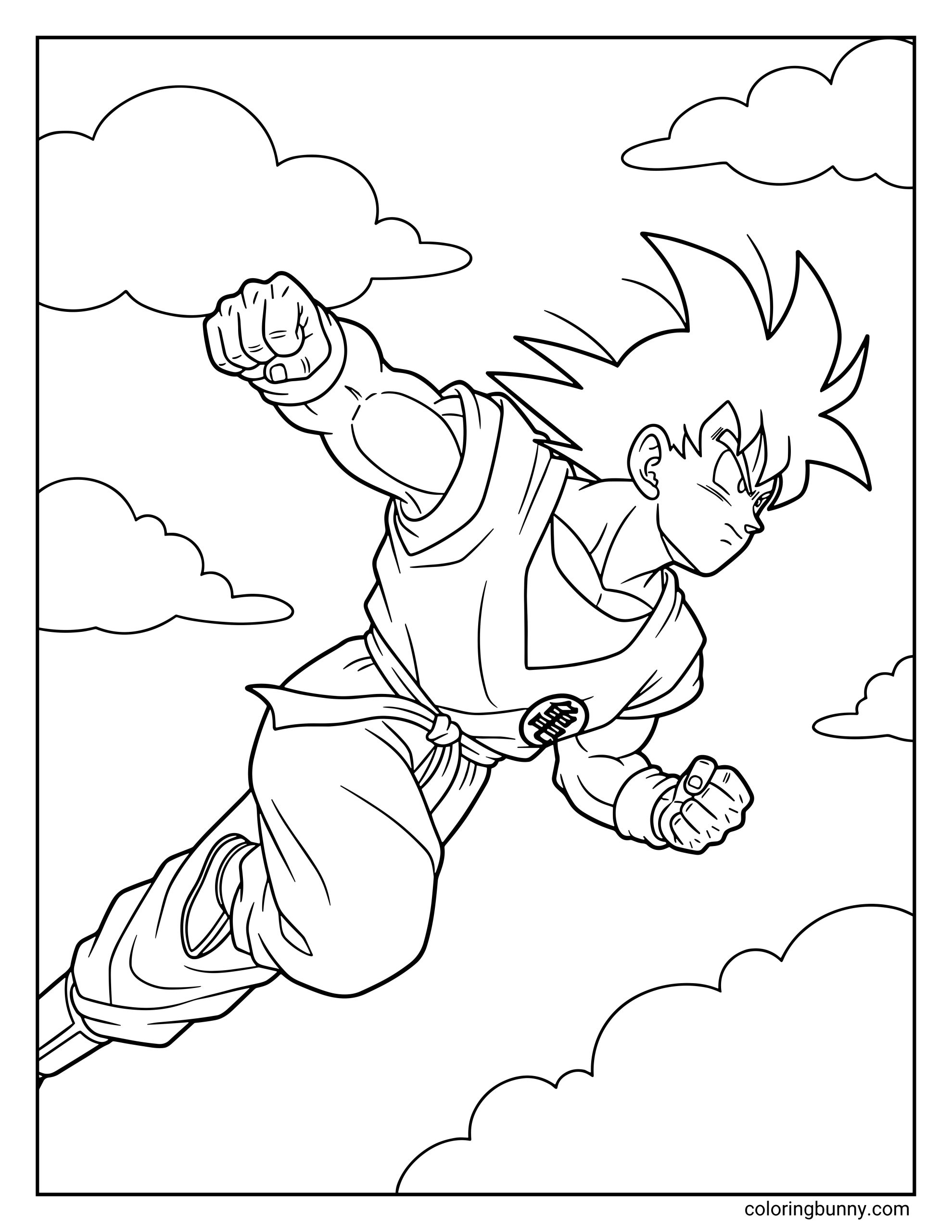 A Dragon Ball Z coloring page featuring Goku flying through the sky with his fist forward. The Saiyan hero soars among the clouds using his flight technique while preparing for battle.