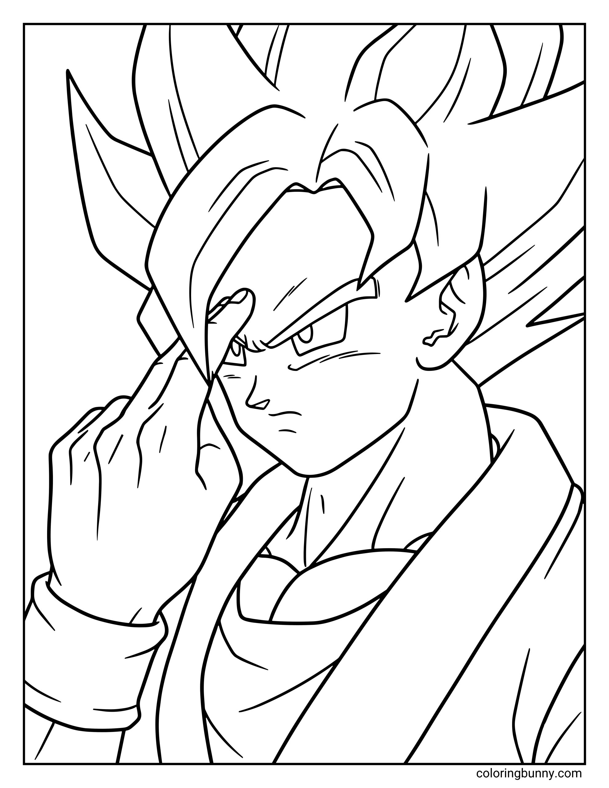 A Dragon Ball Z coloring page featuring Goku using his Instant Transmission technique, holding two fingers to his forehead while concentrating. His focused expression and iconic pose capture the moment just before he teleports across the battlefield.