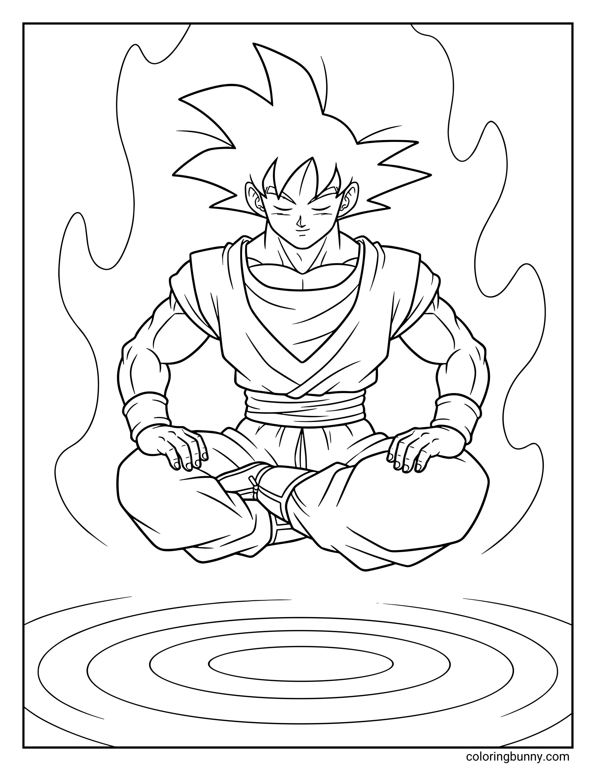 A Dragon Ball Z coloring page featuring Goku meditating while floating cross-legged above the ground. A calm aura rises around him as he focuses his energy in a peaceful training moment.
