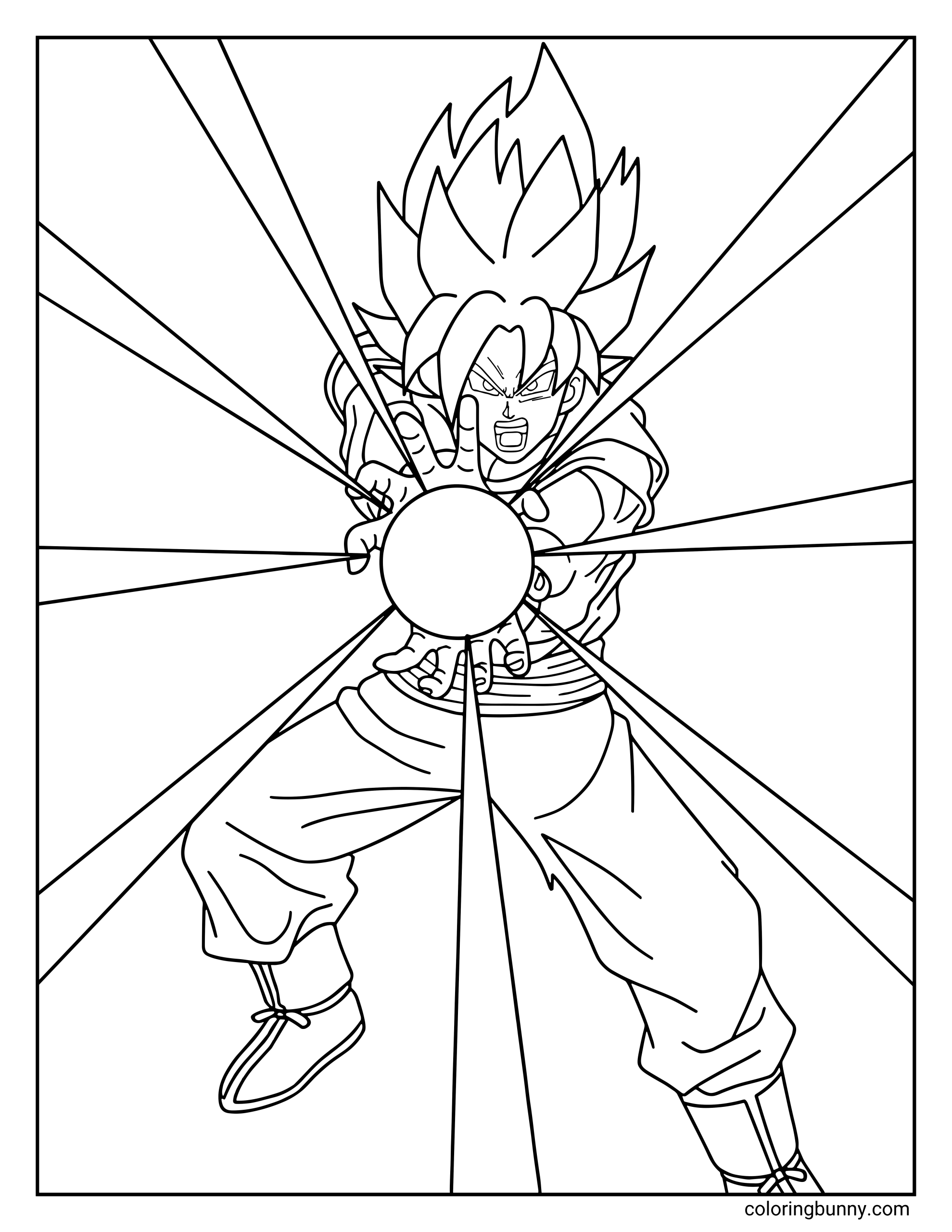 A Dragon Ball Z coloring page featuring Goku preparing a Kamehameha attack, crouched with his hands forward as a glowing energy sphere forms between his palms. Bright energy beams burst outward behind him, capturing the moment before he unleashes the famous blast.