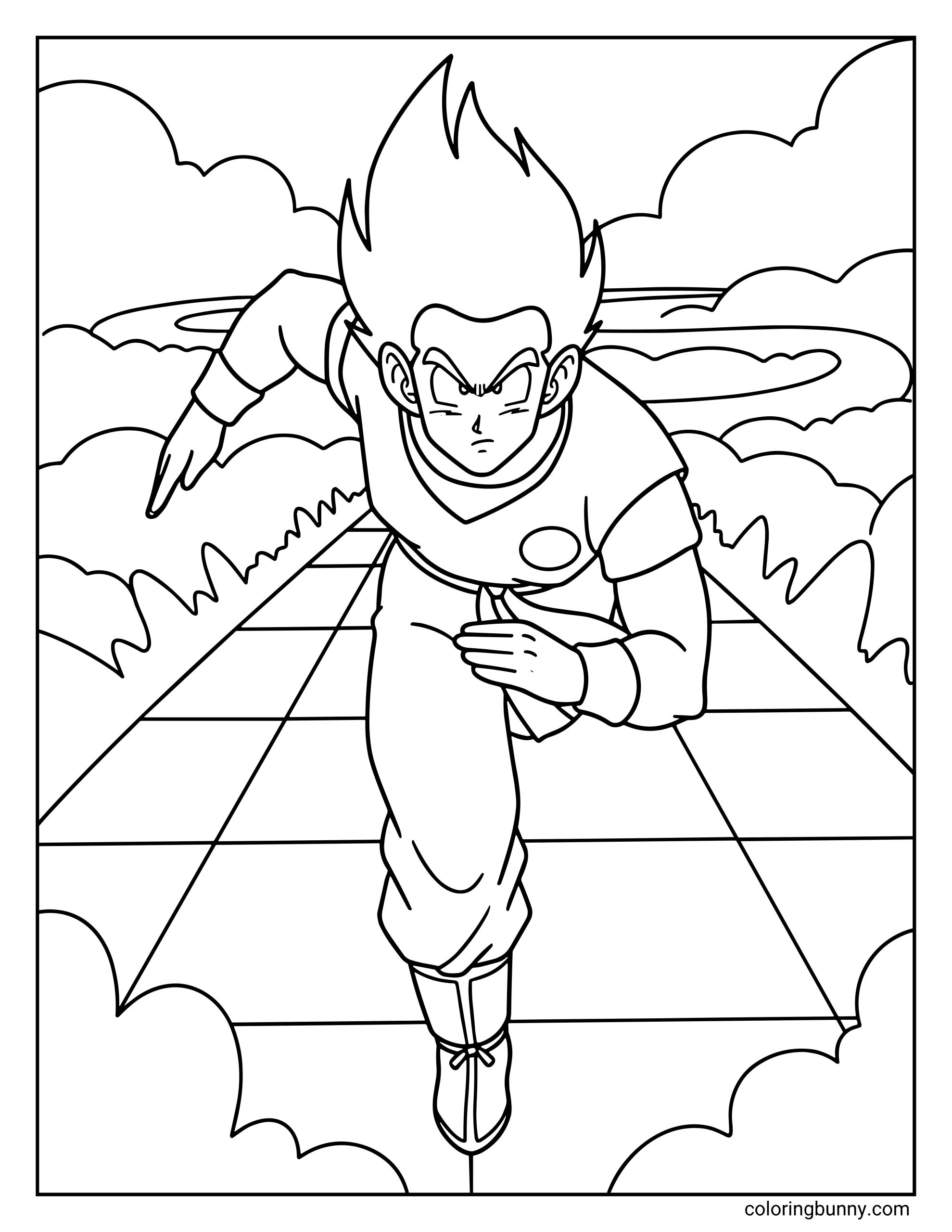A Dragon Ball Z coloring page featuring Goku running along Snake Way high above the clouds. The Saiyan warrior sprints across the long winding path during his training journey to King Kai’s planet.