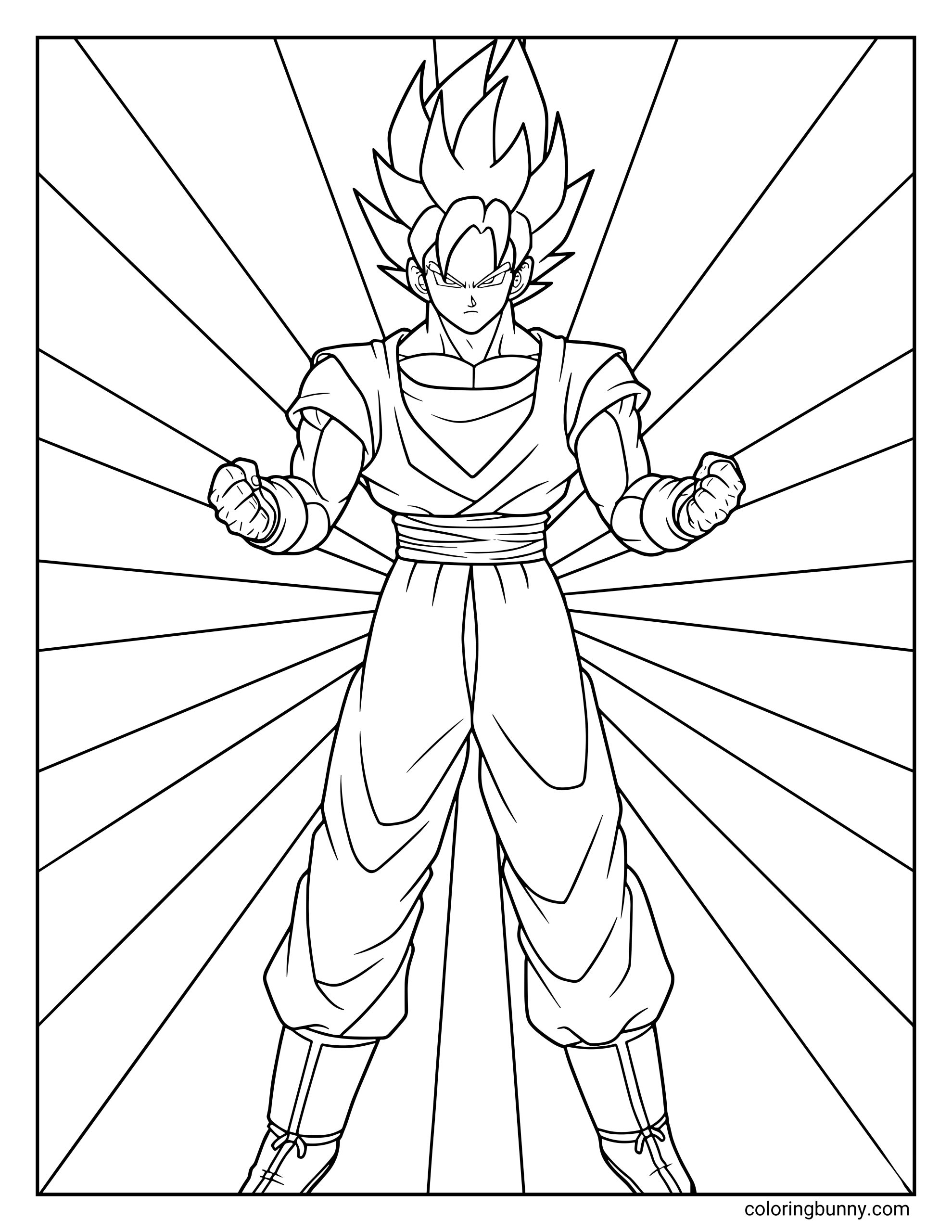A Dragon Ball coloring page featuring Goku standing confidently with clenched fists as bright sunbeam rays spread outward behind him. His spiky hair and focused expression highlight his readiness for battle, with the dramatic background emphasizing his powerful presence.