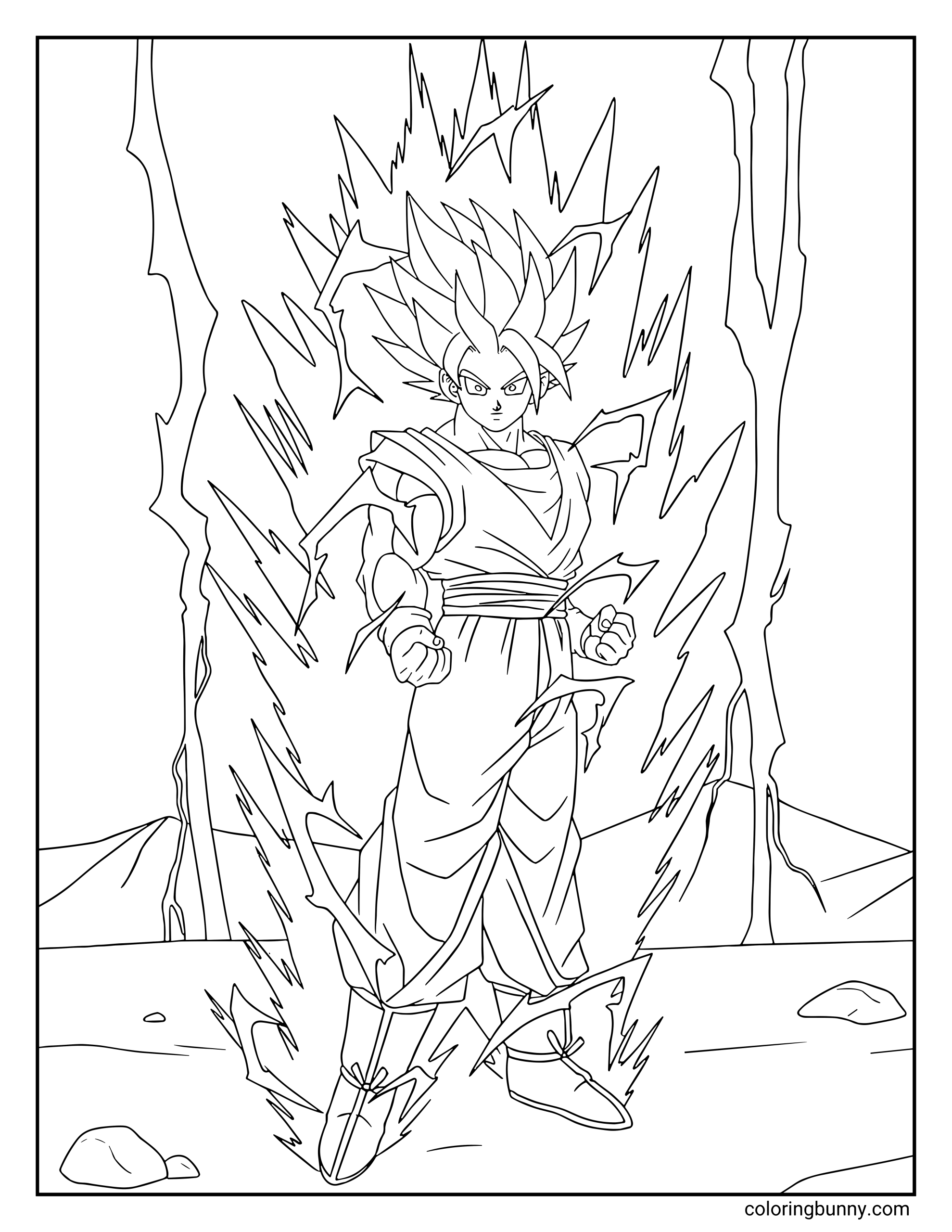 A Dragon Ball Z coloring page featuring Goku in his Super Saiyan 2 form, standing with clenched fists as lightning and energy surge around him. His spiky hair and intense expression are surrounded by a powerful aura, showing the moment he unleashes his heightened Saiyan power.